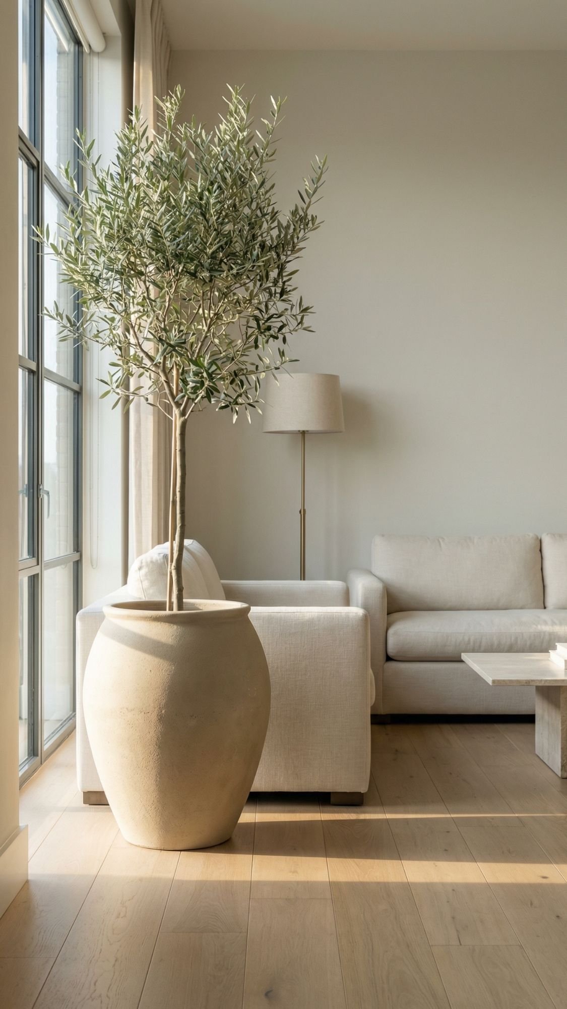 A large potted olive tree adds a touch of greenery and spacious feel to this bright, minimalist living room—perfect inspiration for small apartments and stylish home decor ideas.