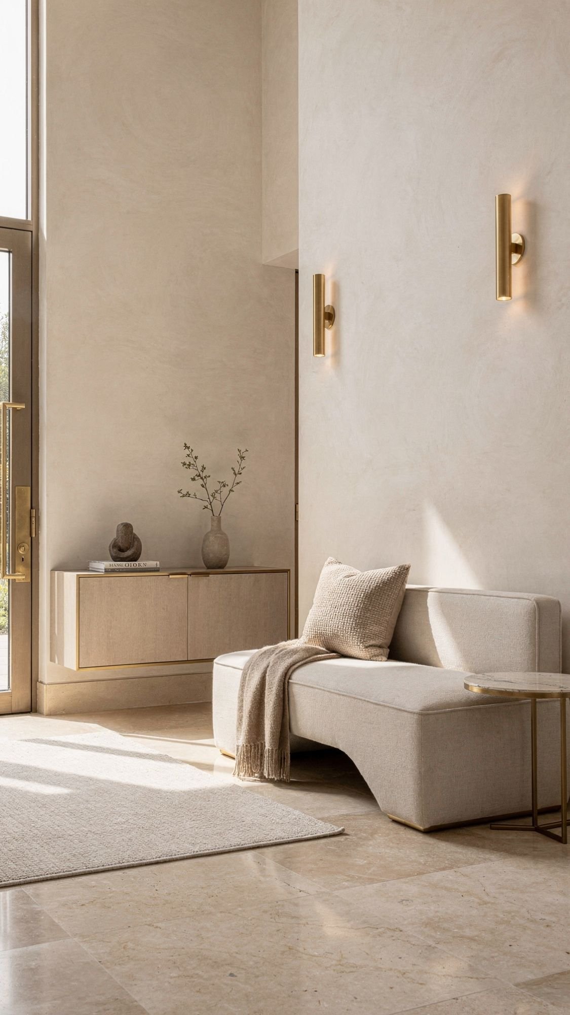 Minimalist living room with a cream curved sofa, beige throw blanket, small side table, light wood console, and modern wall sconces—perfect welcoming decor inspiration for entryways or fresh home decor ideas. Natural light streams through tall windows.