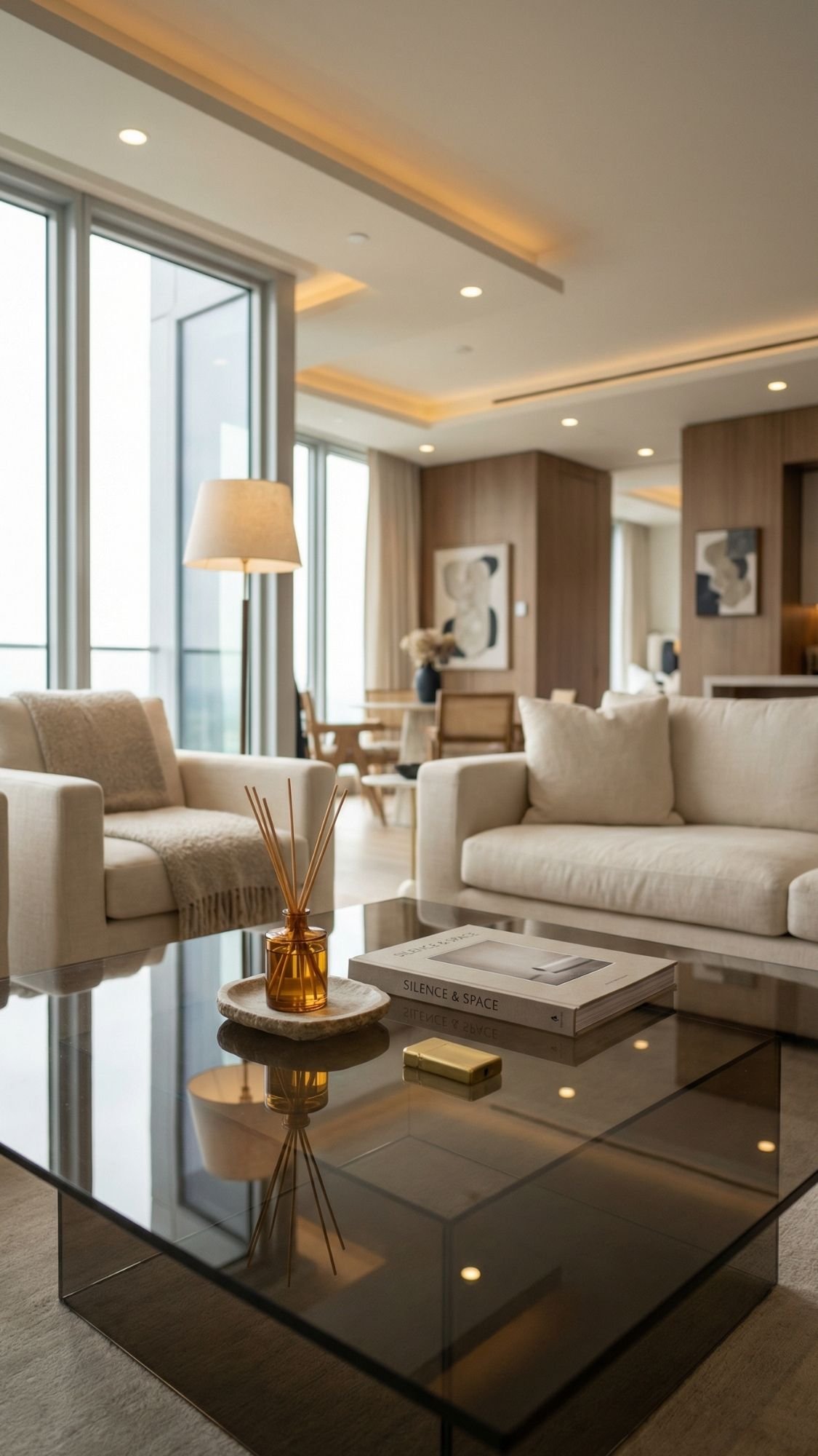 A modern living room with cream sofas, effortless styling on a glass coffee table holding a book and diffuser, soft lighting, large windows, and wood-paneled walls. Artworks and dining area are visible in the background for inspiring home decor ideas.