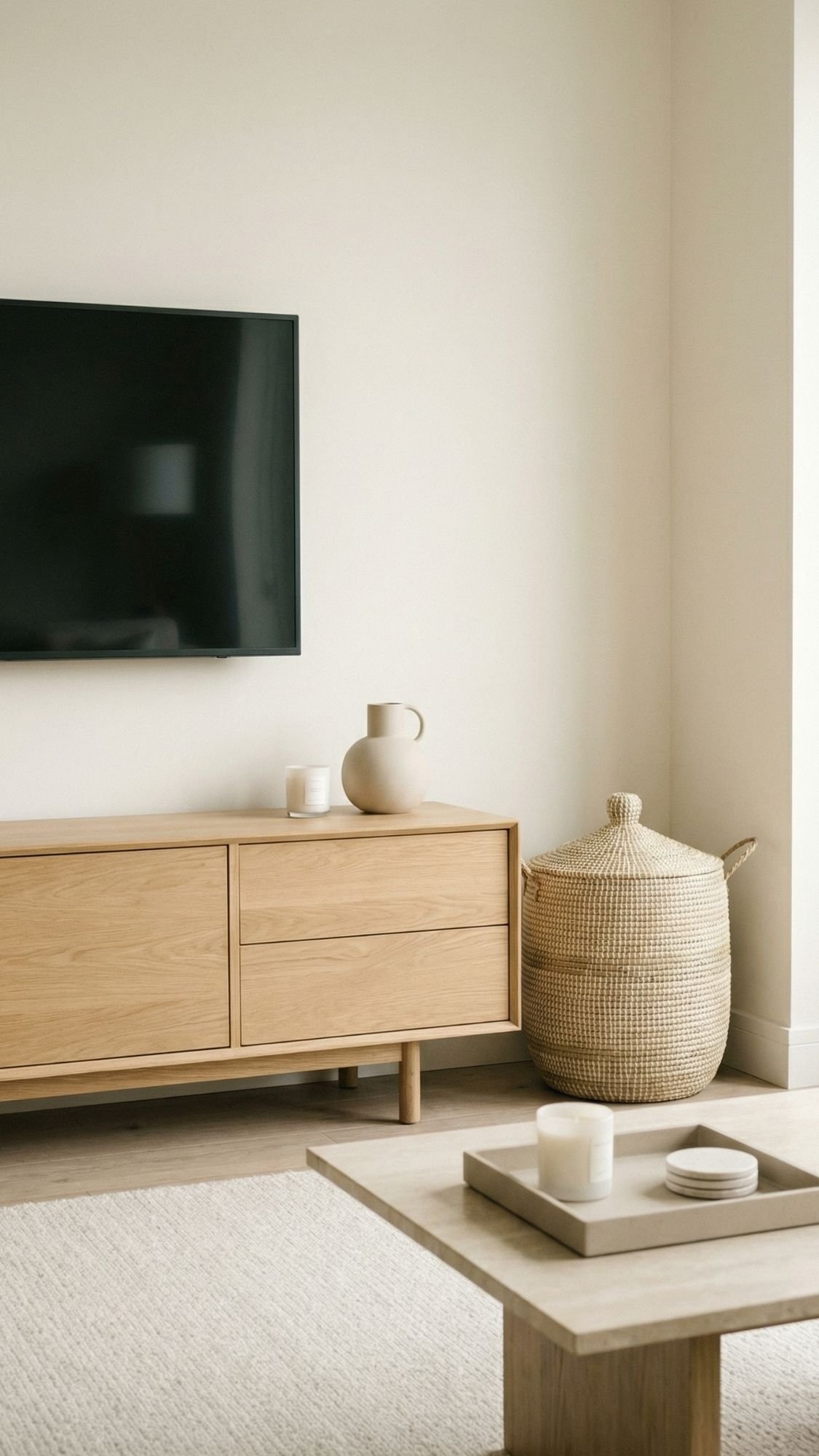 Minimalist living room with a wooden TV stand, flat-screen TV on the wall, woven basket with a lid, and beige ceramic vase. Soft neutrals throughout offer cozy winter home inspiration. Wooden coffee table holds candles and small plates for thoughtful home decor ideas.