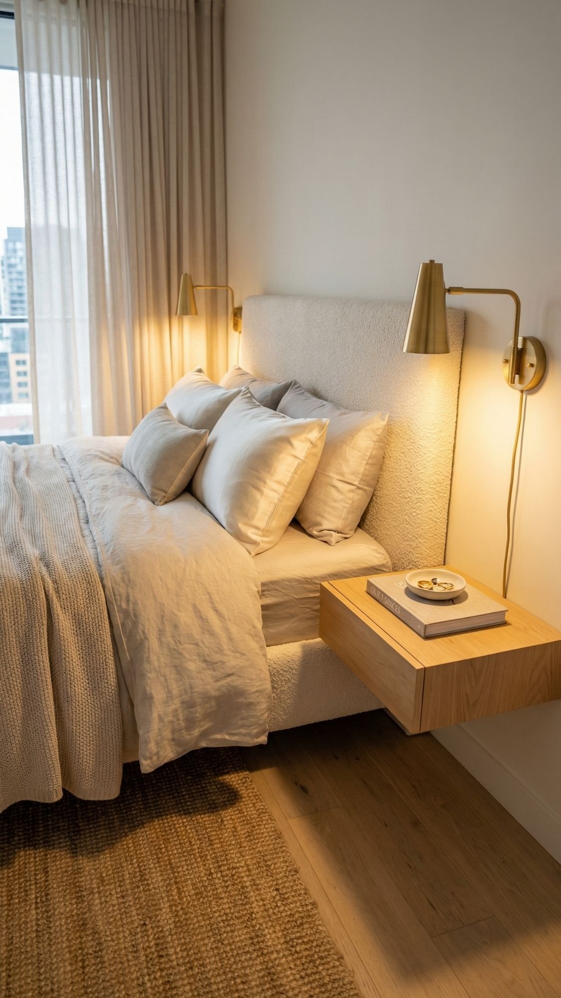 A cozy modern bedroom, perfect for small apartments, features a neatly made bed, white bedding, gold wall-mounted lamps, floating wooden nightstands, and large windows with sheer curtains letting in natural light.