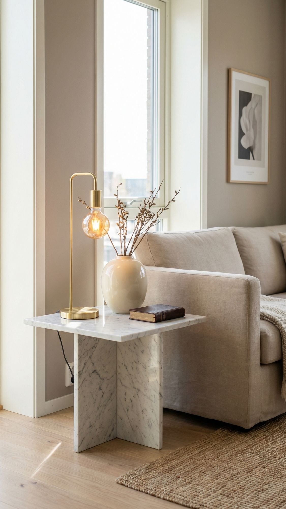 A modern, spacious living room with a beige sofa, marble side table holding a gold lamp, round white vase with dried branches, and a closed book—perfect home decor ideas for small apartments.
