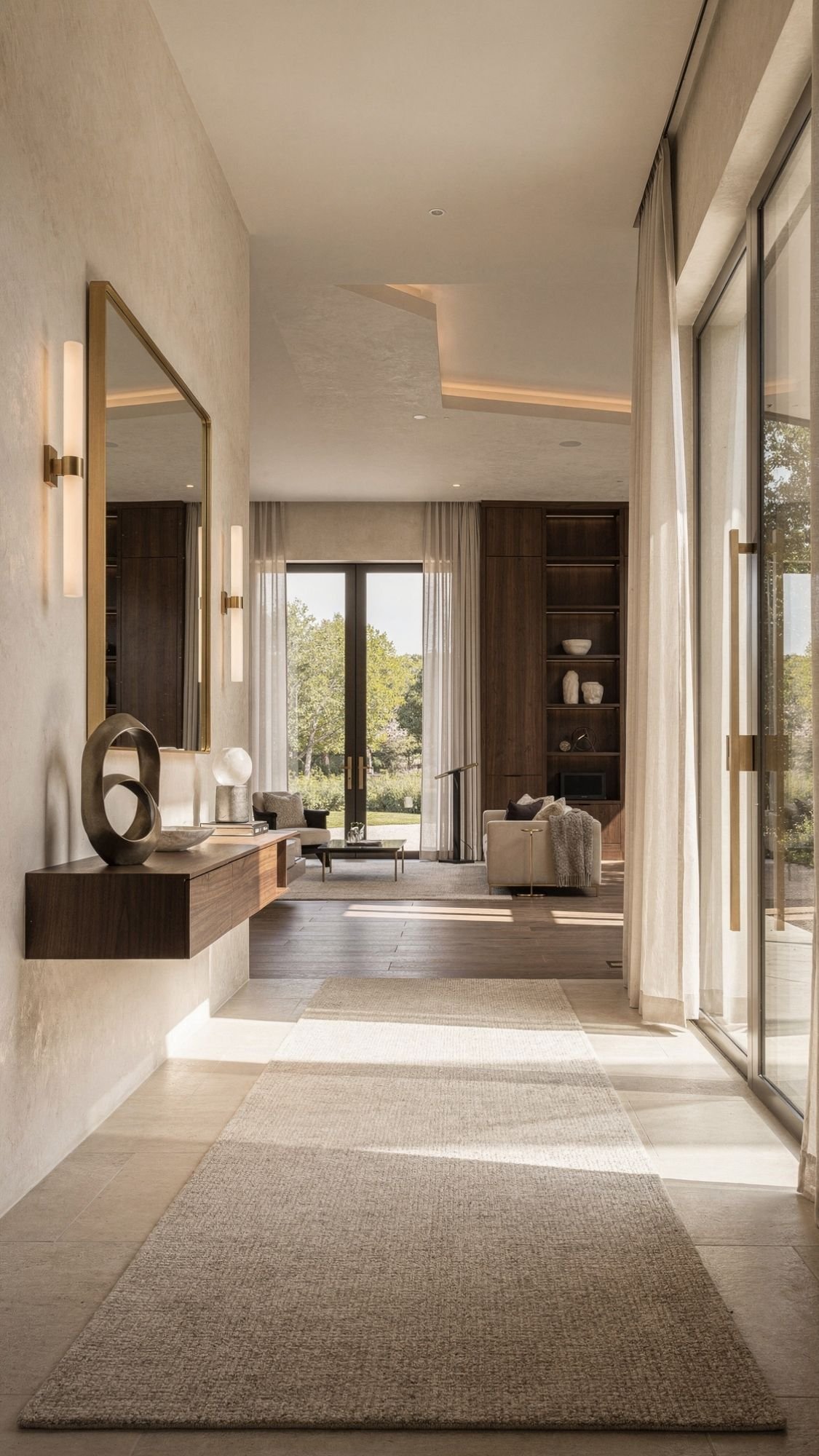 A modern hallway showcases inspiring entryway decor with a large mirror, art pieces on a floating wooden console, floor-to-ceiling windows with sheer curtains, and a cozy living area featuring shelves and neutral-toned furniture in the background.