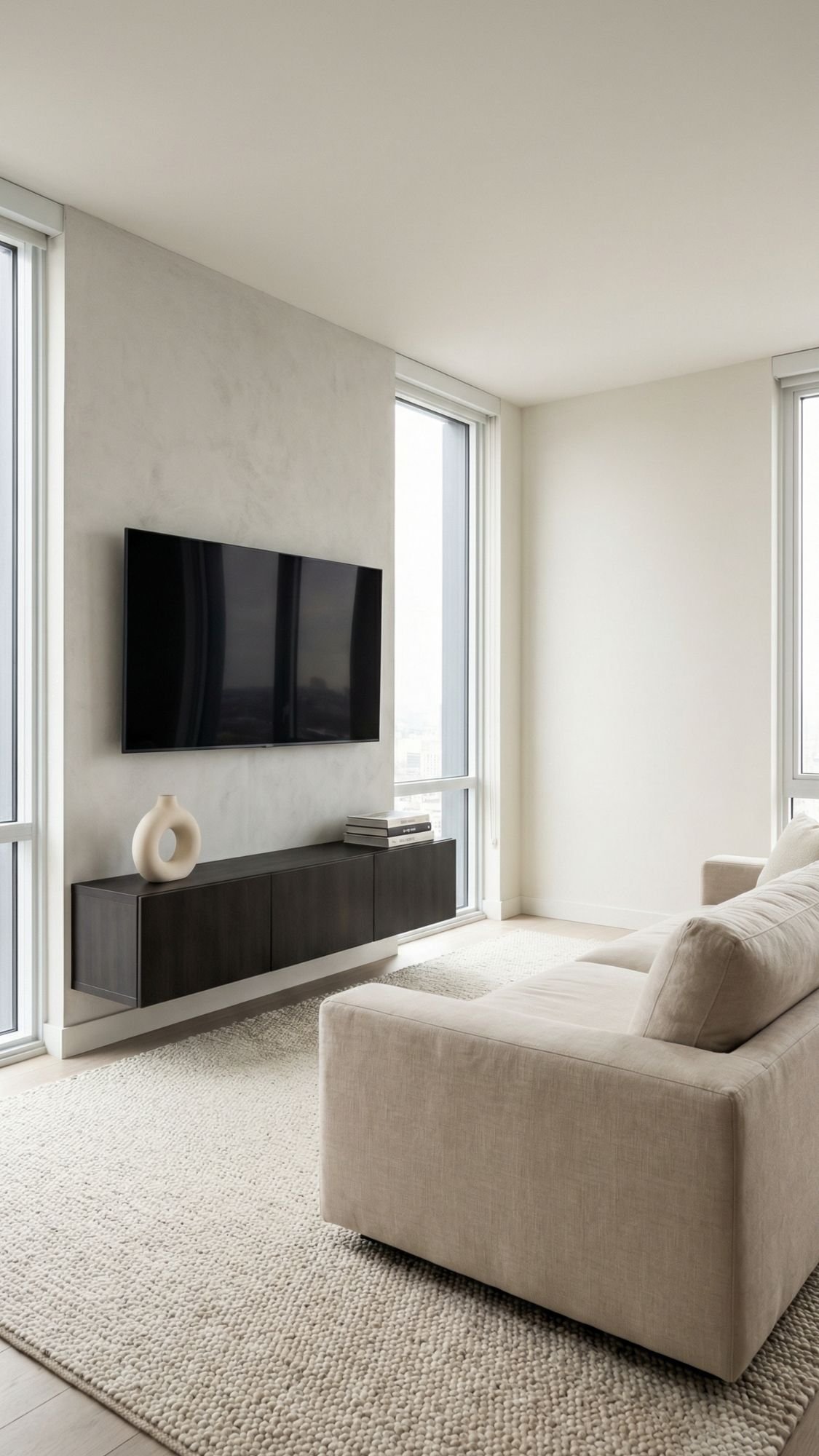 Minimalist living room with a beige sofa, textured rug, wall-mounted TV, and floating dark wood cabinet—ideal for small apartments. Large floor-to-ceiling windows create a spacious feel, while stacked books and a decorative vase inspire home decor ideas.
