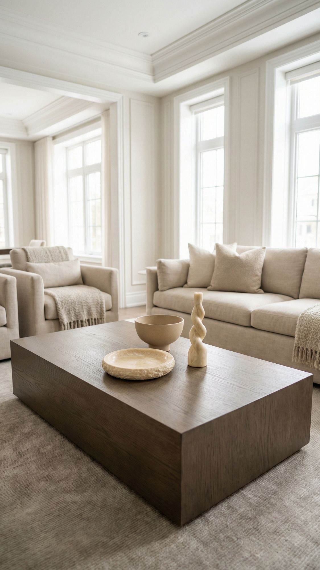 A modern living room with beige sofas, textured cushions, and a dark wooden coffee table showcases effortless styling. Minimalist decor pieces add charm, while large windows invite natural light for a bright, airy space.