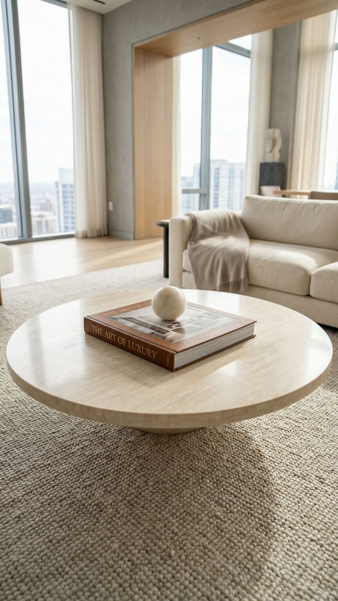 A round, beige marble coffee table with a decorative book titled The Art of Luxury and a white stone ornament on top showcases effortless styling in a modern, minimalist living room with large windows and neutral furniture.