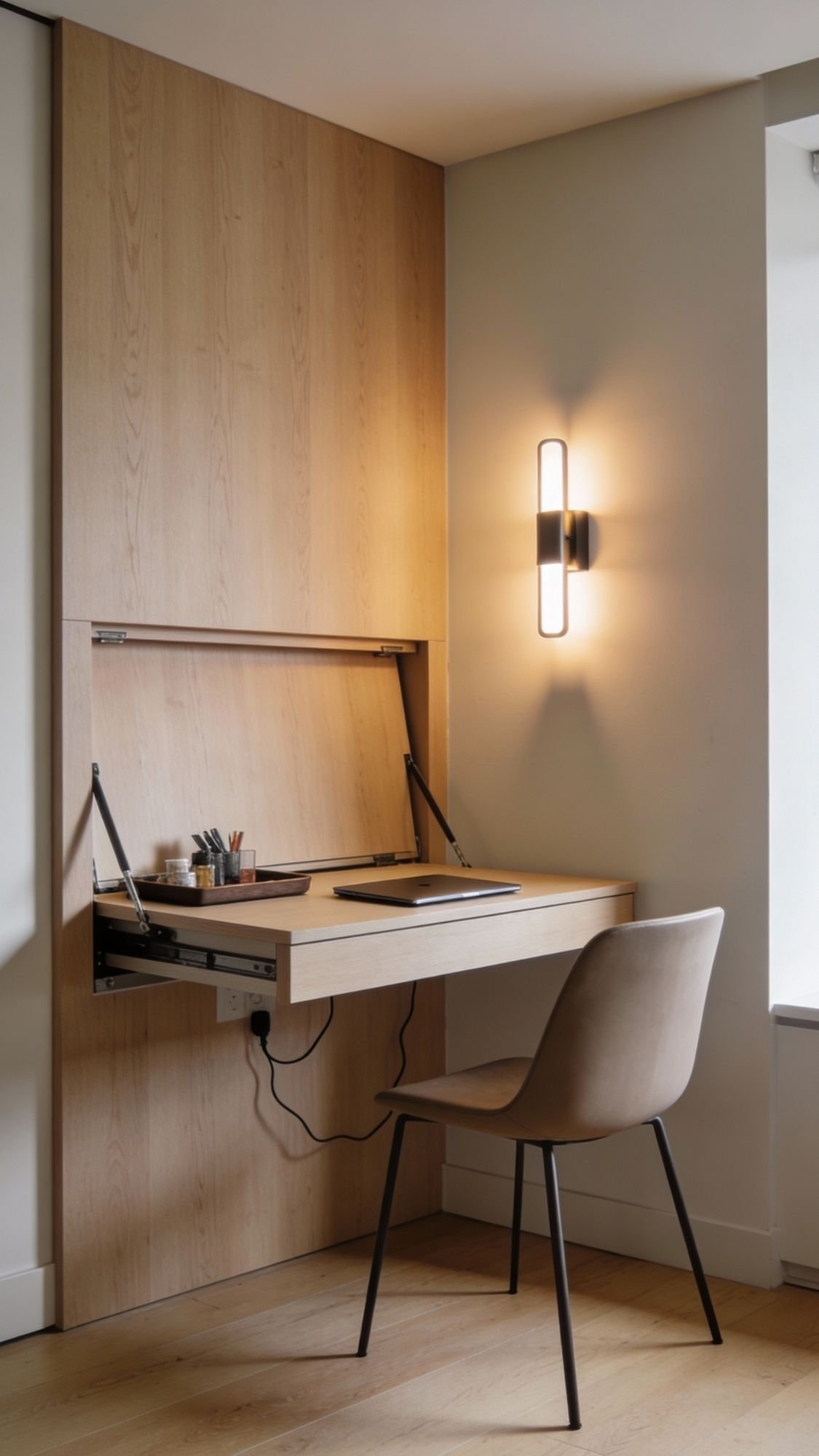 A minimalist home office nook—perfect for small apartments—features a fold-out wooden desk with a laptop, stationery, and notepad. A taupe chair sits in front, while a modern wall sconce illuminates the spacious-feeling workspace.