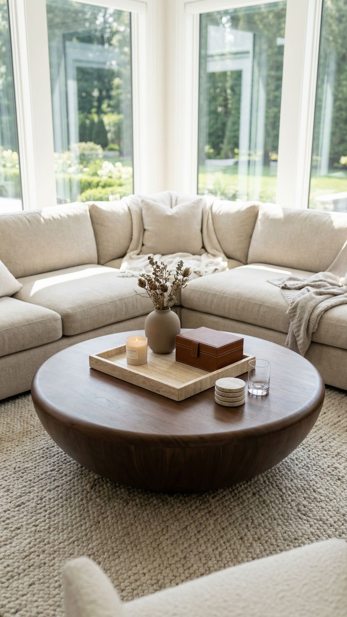 A modern living room with a light beige sectional sofa, a textured rug, and a round wooden coffee table featuring stylish coffee table styling with a vase of dried flowers, candle, decorative boxes, and coasters—perfect for inspiring home decor ideas.