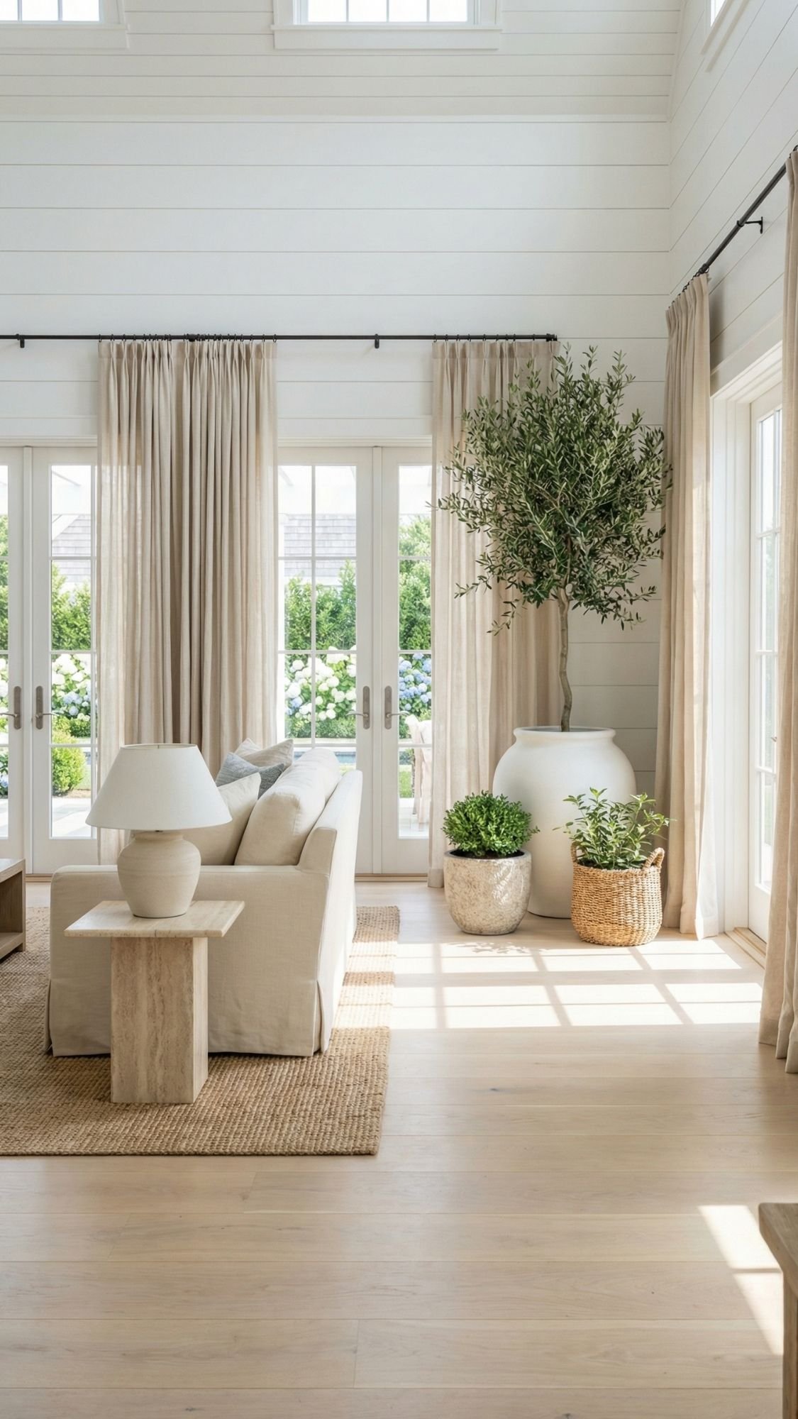 Bright living room with large windows, beige curtains, a cream sofa, neutral decor, and indoor plants. Discover spring home decor ideas with a jute rug and light wood floors as natural sunlight fills this airy, elegant space. Refresh your space today!.