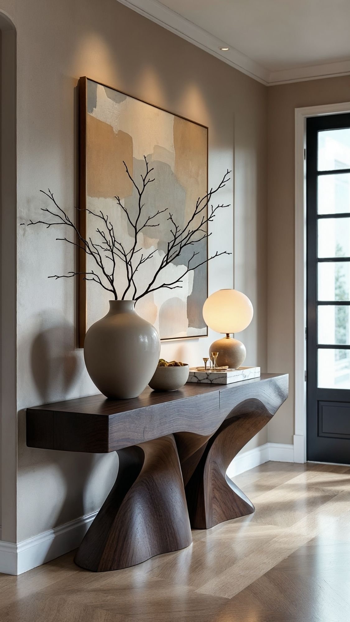 A modern home entryway decor featuring a sculptural dark wood console table, a large vase with bare branches, a round white lamp, decorative bowls, and abstract art on a beige wall, bathed in natural light from a glass door.