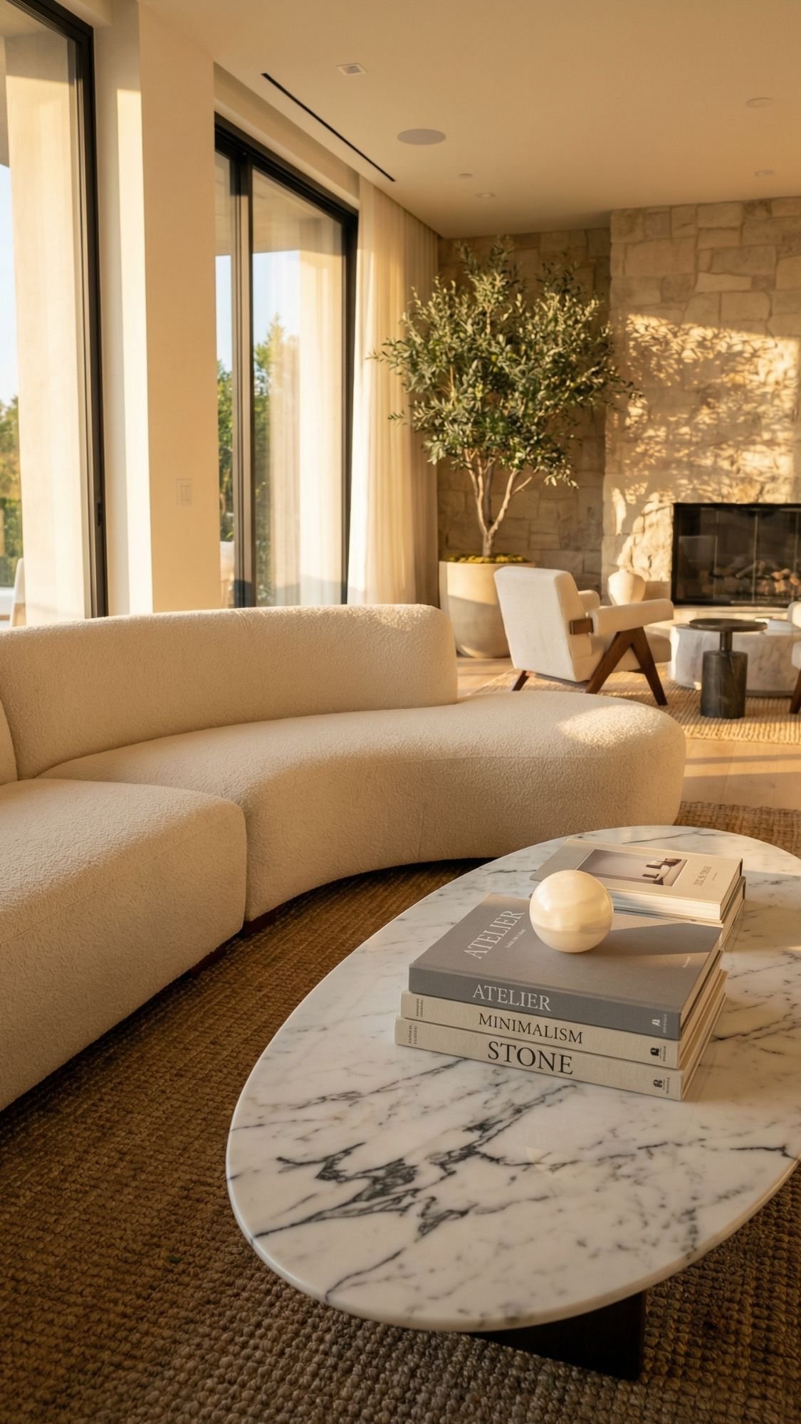 A modern living room with a curved cream sofa, marble coffee table styling featuring books and a round object, large windows with sheer curtains, a stone fireplace, armchairs, and a potted tree. Warm, natural lighting highlights the effortless styling.