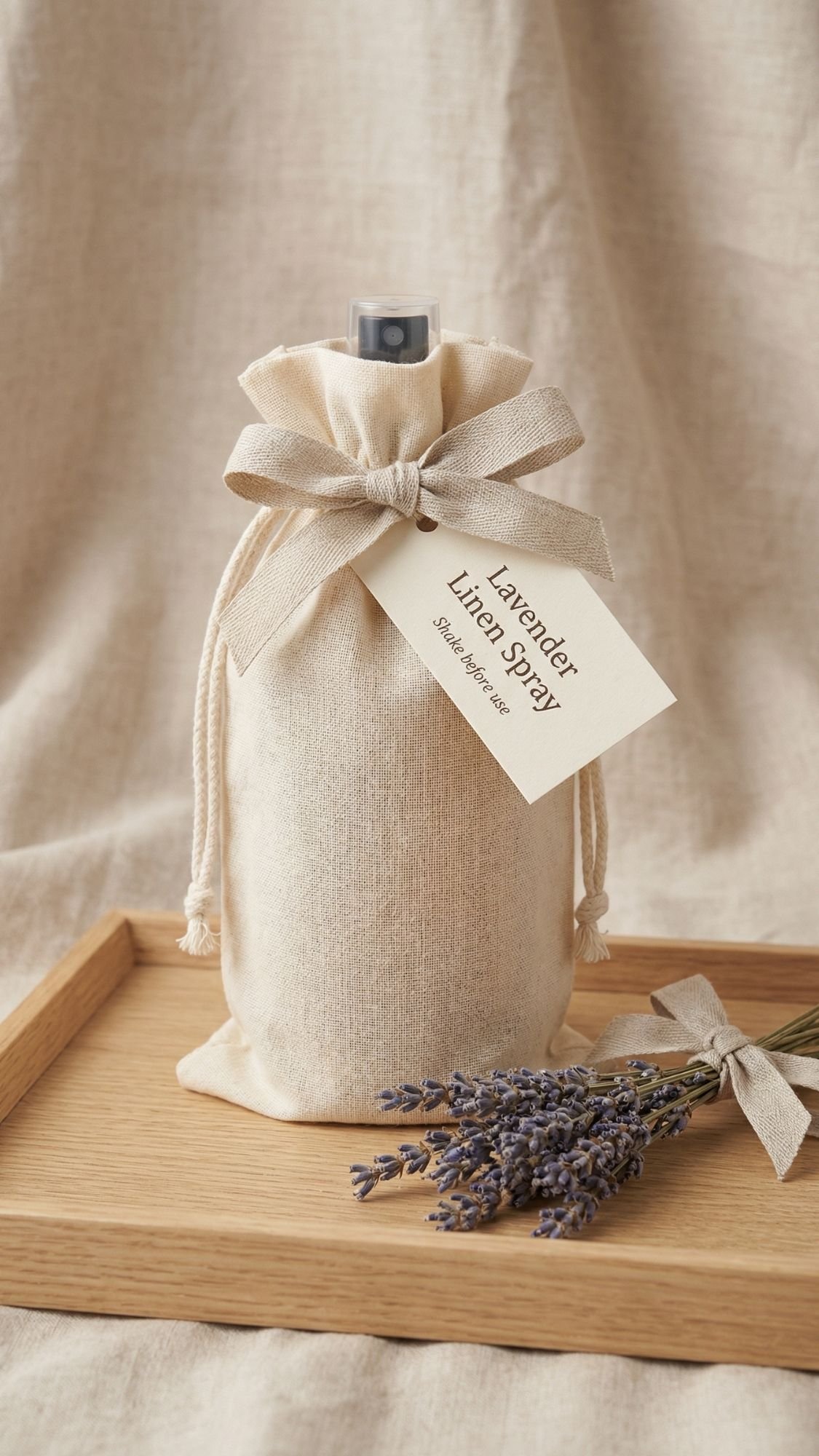 A linen spray bottle wrapped in neutral aesthetic packaging with a bow and tag labeled Lavender Linen Spray sits on a wooden tray next to dried lavender flowers—perfect for DIY presents or thoughtful gifts for mom.