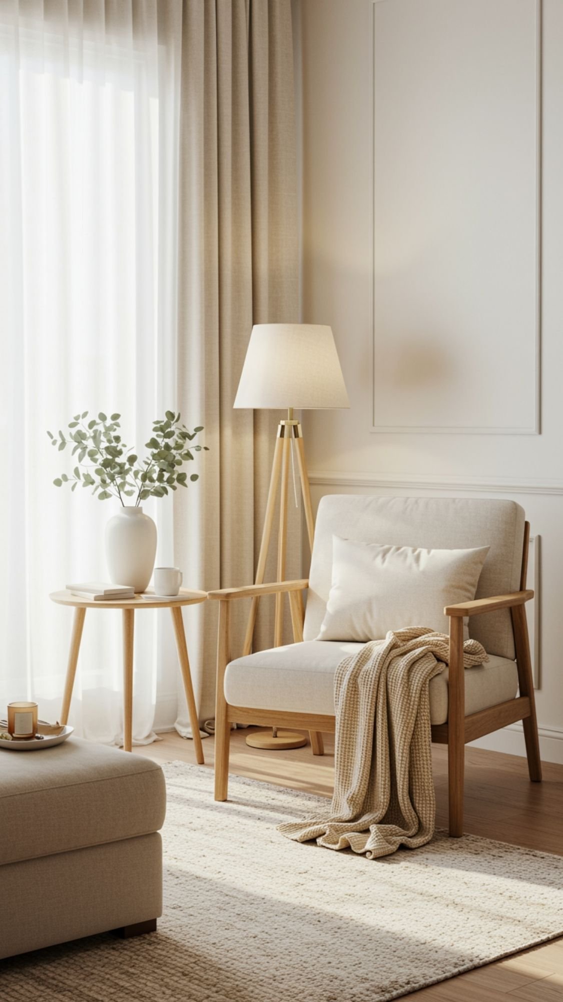 A cozy living room corner styled in soft neutrals, featuring a beige armchair, knitted blanket, and round wooden table with a white vase and greenery. Soft natural light filters through sheer curtains—perfect for calm winter home inspiration.