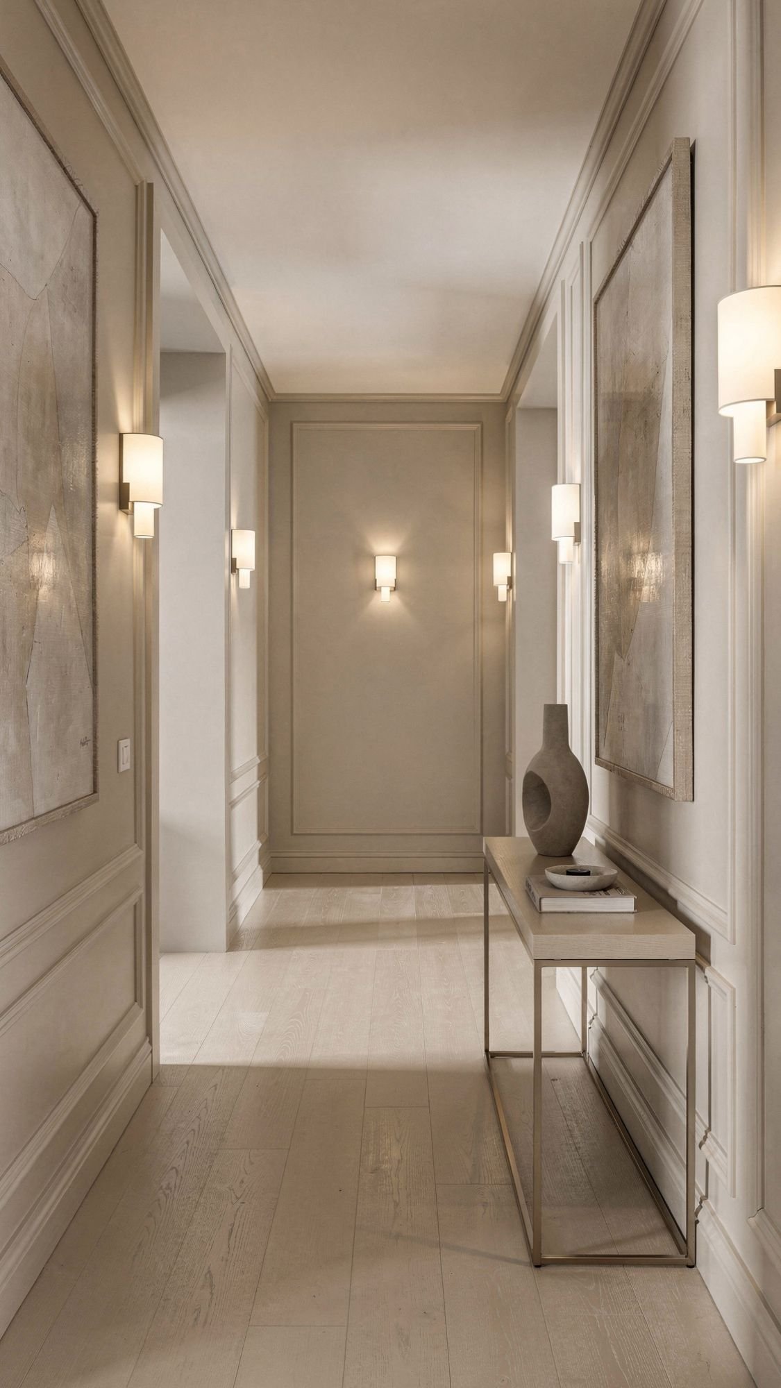 A modern, minimalist hallway with light beige walls, wooden floors, abstract wall art, and wall sconces—a perfect spacious look for small apartments. A slim console table holds a ceramic vase and books, offering inspiring home decor ideas.