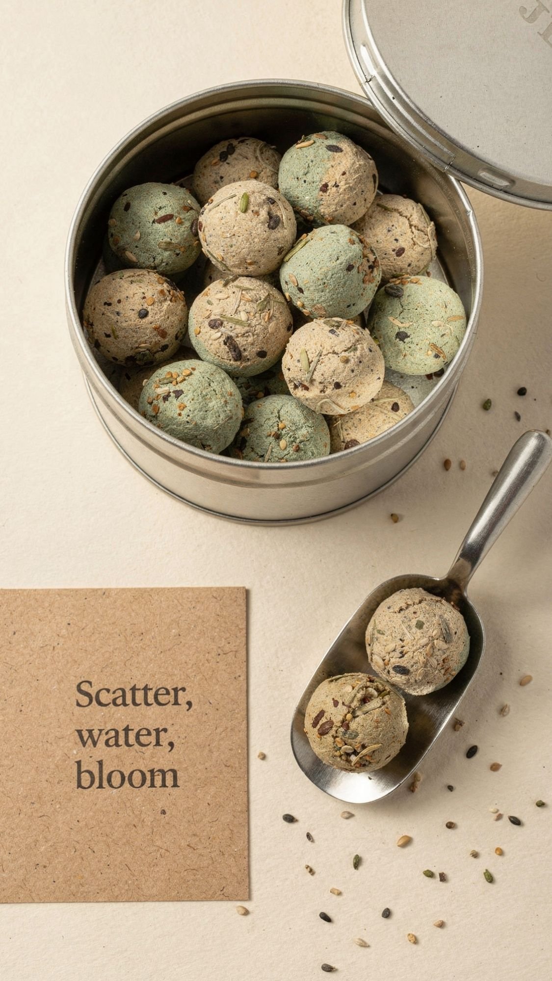A round tin filled with green and beige seed balls sits beside a metal scoop holding two seed balls—perfect DIY garden gifts. Nearby, a brown card reads, Scatter, water, bloom. Loose seeds are scattered on the light surface.