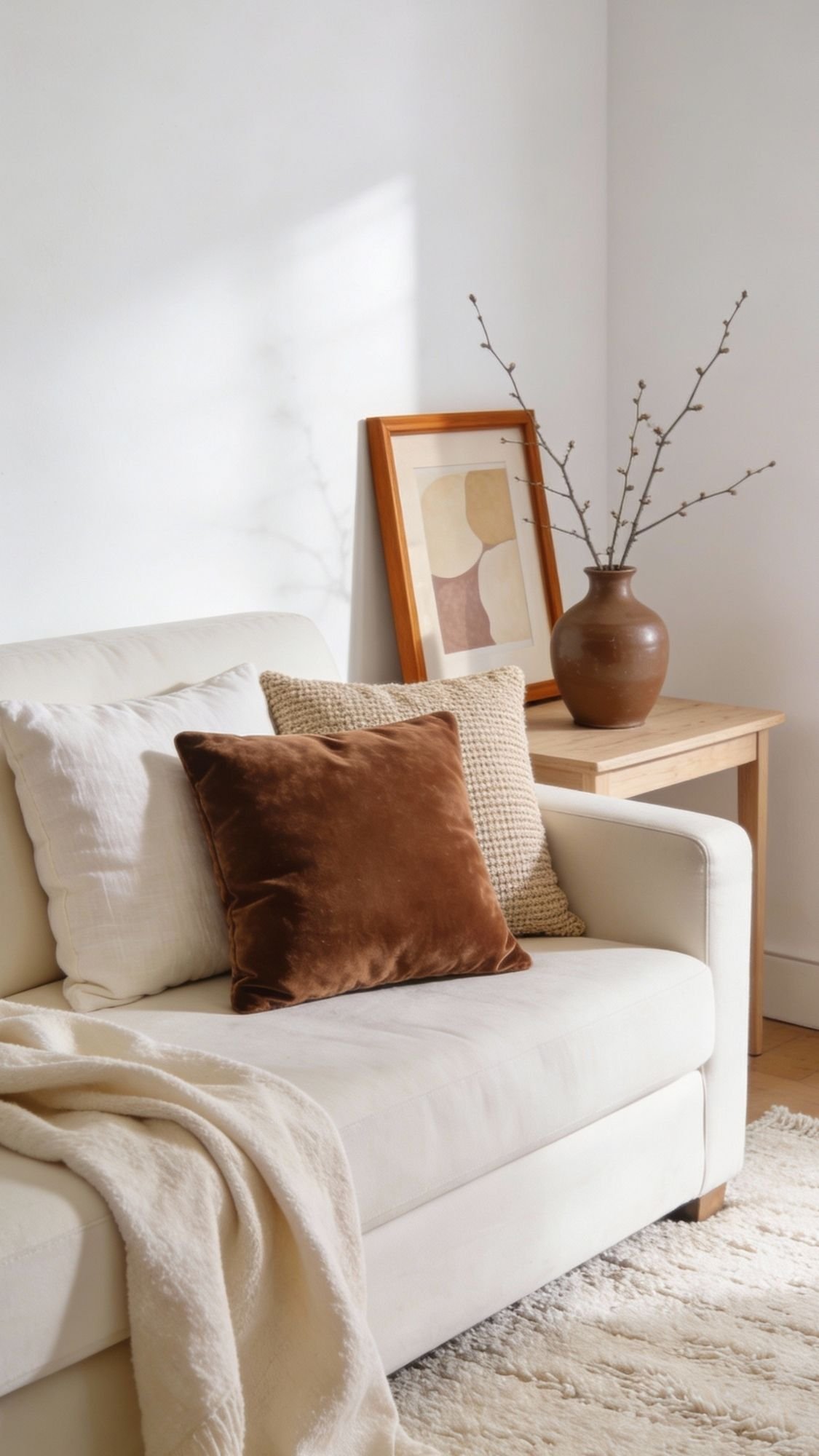 A cozy living room corner with a cream sofa, textured pillows, soft throw blanket, and a wooden side table holding a brown vase with branches—perfect winter home decor ideas—set against a white wall with framed abstract artwork.