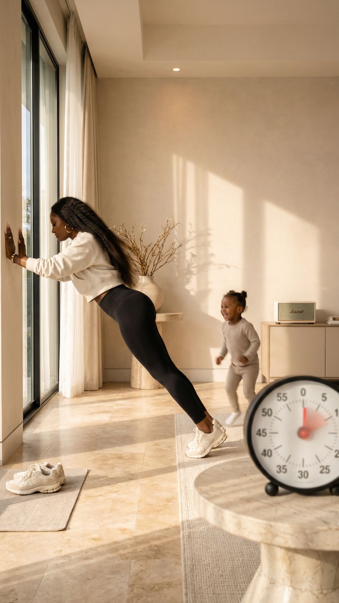 A woman does incline push-ups against a window while a young child, smiling, walks nearby in a bright living room—an energizing morning routine for ADHD moms. Workout shoes and a timer are visible in the foreground.