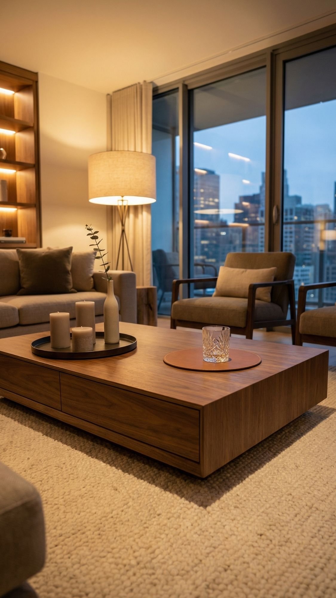A modern living room with a wooden coffee table holding candles and a vase, neutral-toned sofas, a floor lamp, and large windows showing a city skyline at dusk—perfect for effortless styling and fresh home decor ideas.