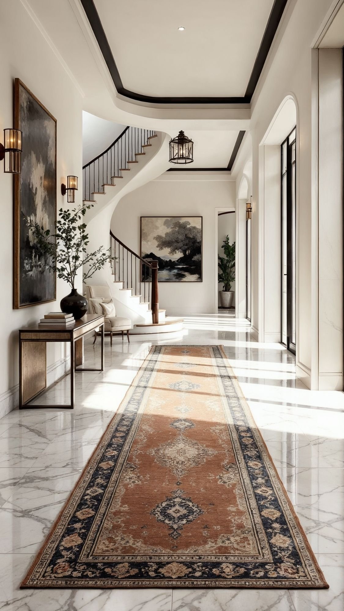 A bright, elegant hallway with marble floors, a long patterned runner rug, large landscape paintings, and stylish entryway decor—a wooden console table with a vase. Sunlight streams through tall windows behind the curved staircase.