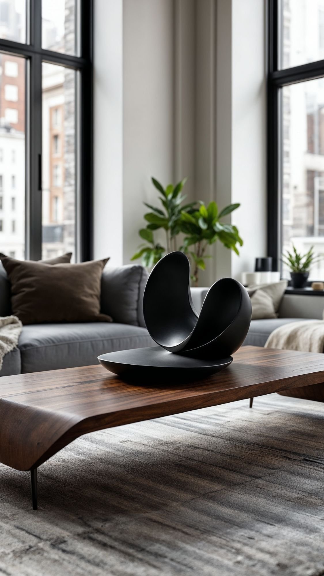 A modern living room with large windows, a gray sofa, a leafy green plant, and a wooden coffee table featuring a black abstract sculpture showcases effortless styling. Natural light fills the space, creating a cozy and stylish atmosphere.