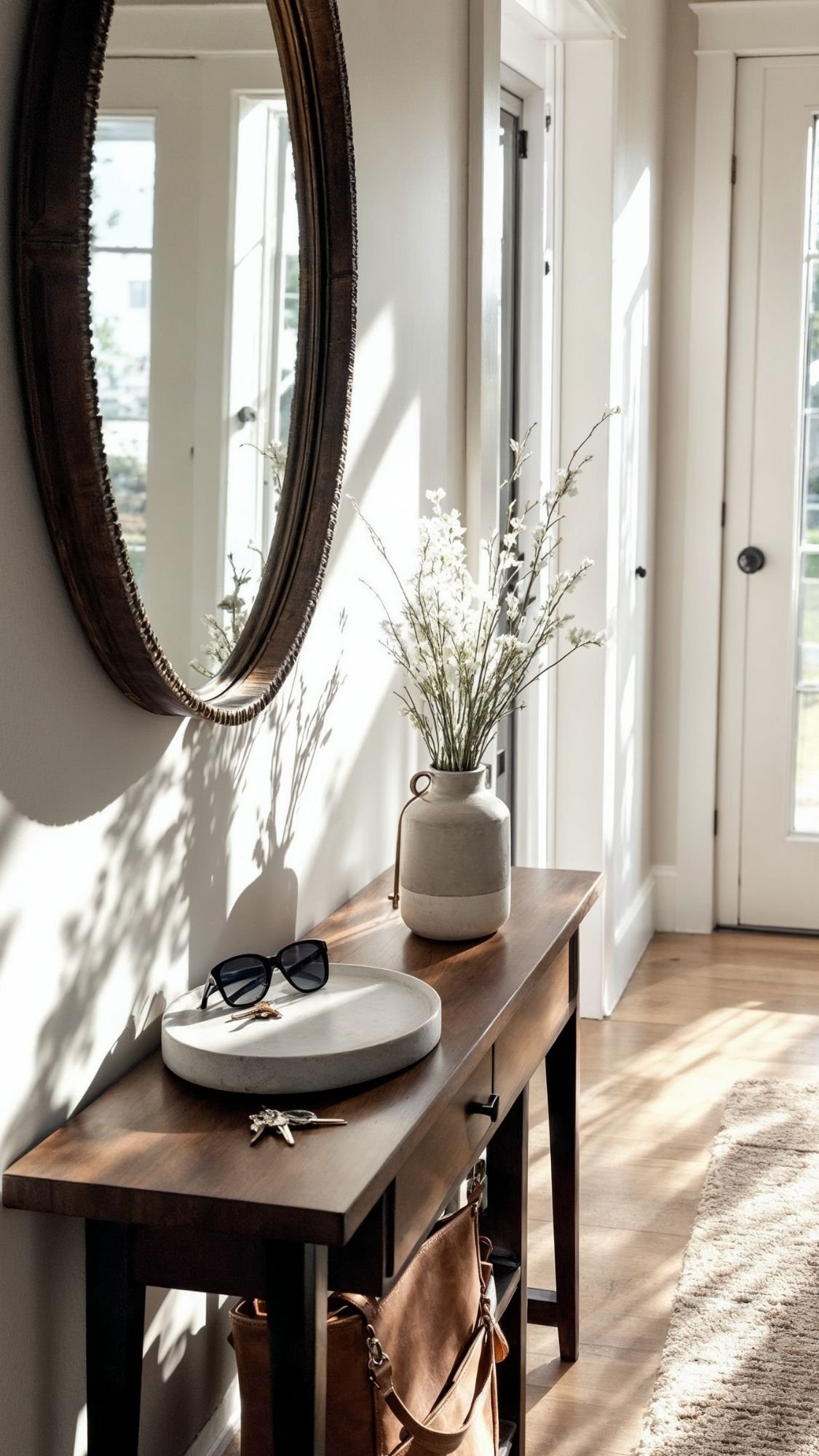 A wooden entryway table holds a vase with white flowers, sunglasses, a dish with keys, and a brown bag underneath. A large round mirror reflects sunlight from glass doors—perfect inspiration for easy living and fresh home decor ideas.
