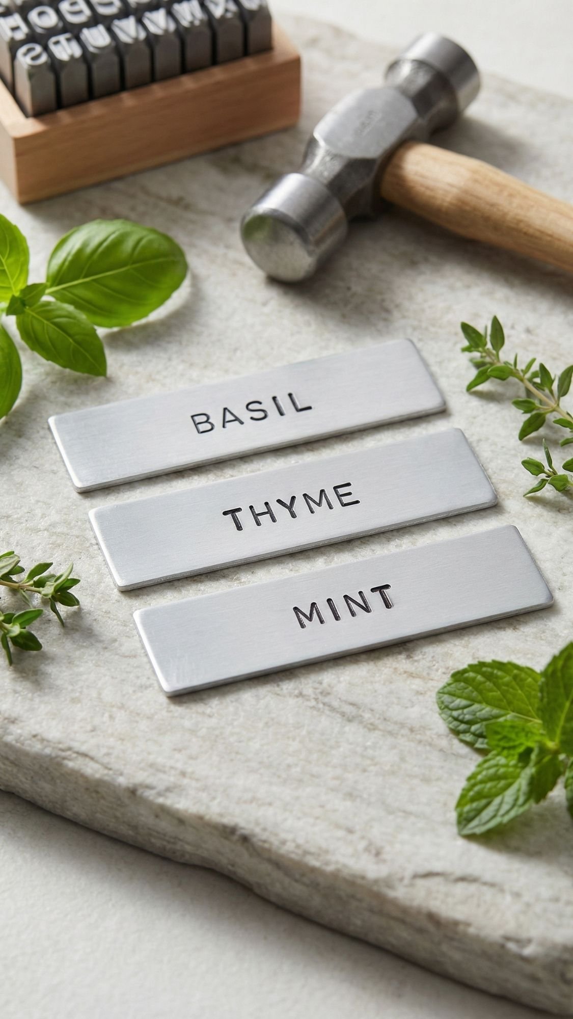 Three metal plant markers labeled BASIL, THYME, and MINT rest on a stone surface with fresh herbs, a metal stamp set, and a small hammer—perfect DIY presents for garden moms who love personalized touches.