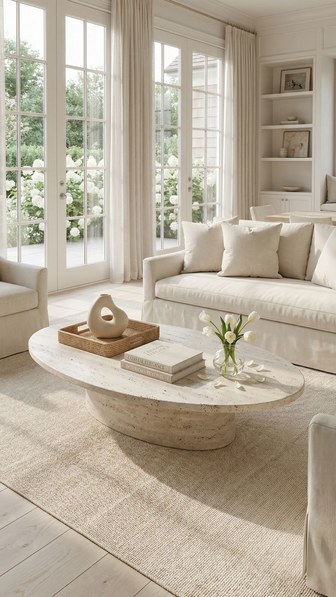 Refresh your space this spring with a bright, airy living room featuring cream-colored sofas, a textured rug, and an oval stone coffee table adorned with books and fresh flowers. Large windows overlook a lush garden.