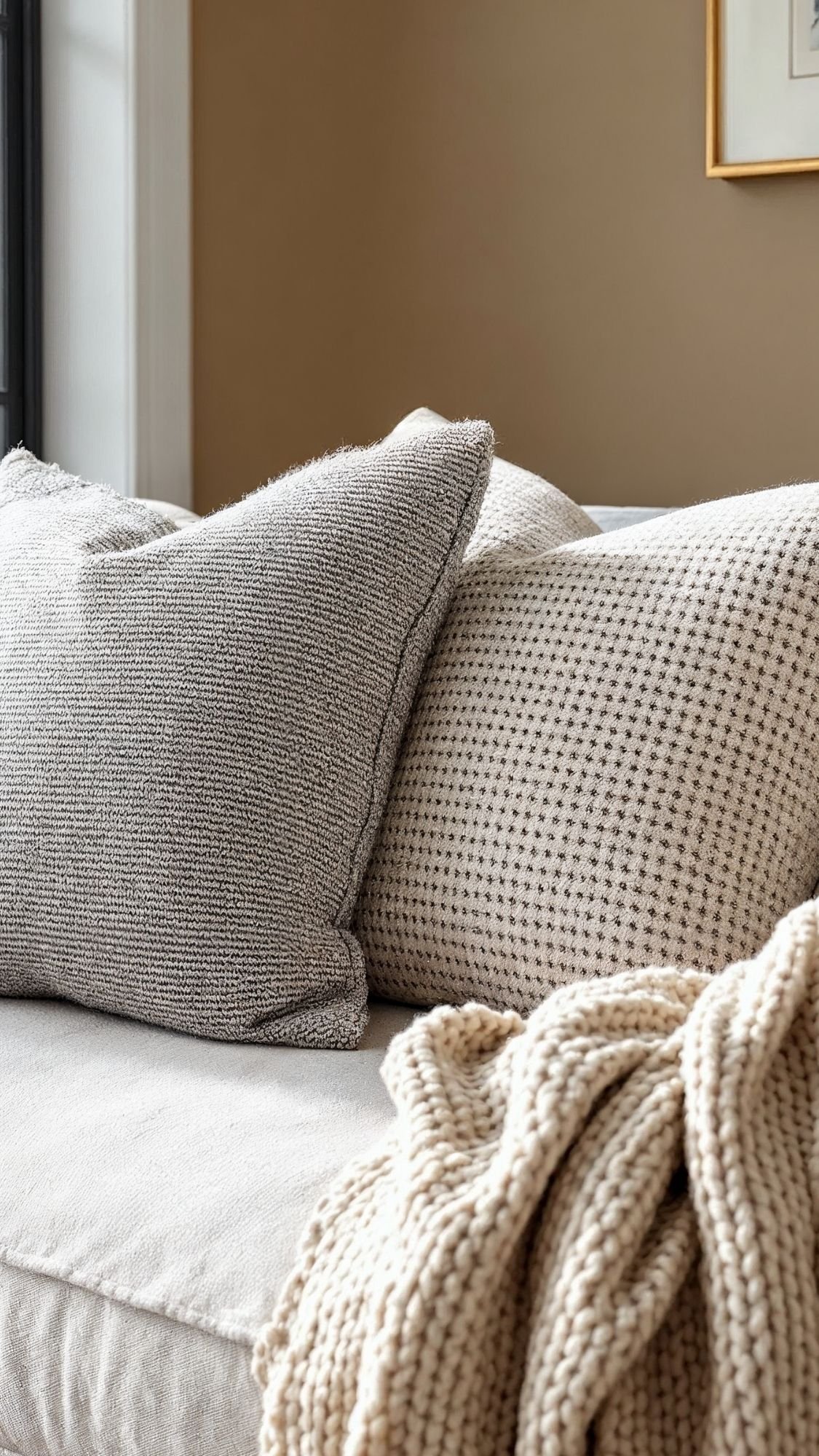 Two textured throw pillows and a chunky knit blanket in neutral tones rest on a light beige sofa, creating a cozy, quiet luxury vibe in a softly lit room with a tan wall—perfect for elegant yet understated home decor ideas.