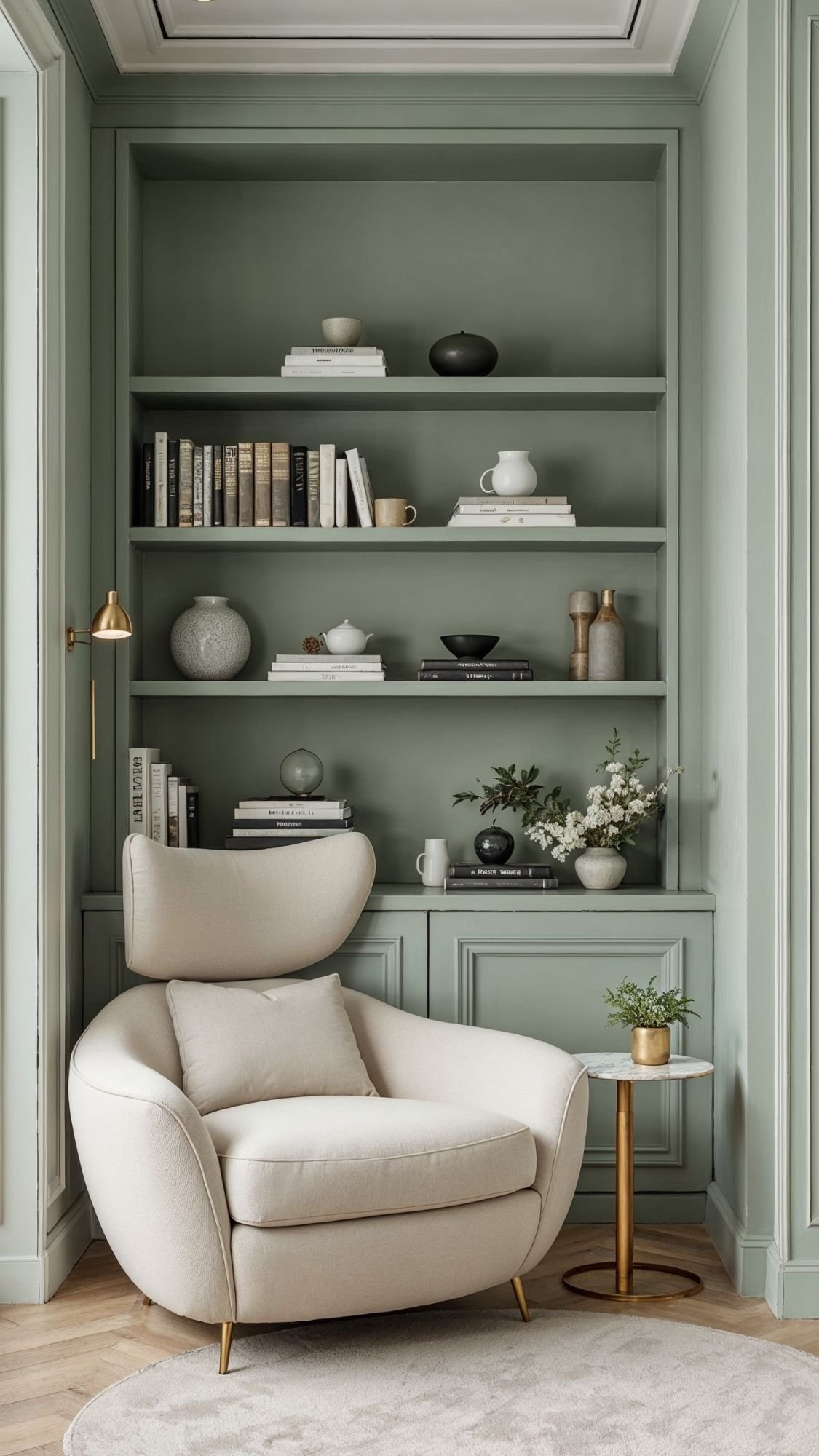 A cozy reading nook with a light beige armchair, perfect for small apartments, featuring a gold-based side table, built-in sage green shelves filled with books and decor, ceramics, and a wall-mounted gold lamp.