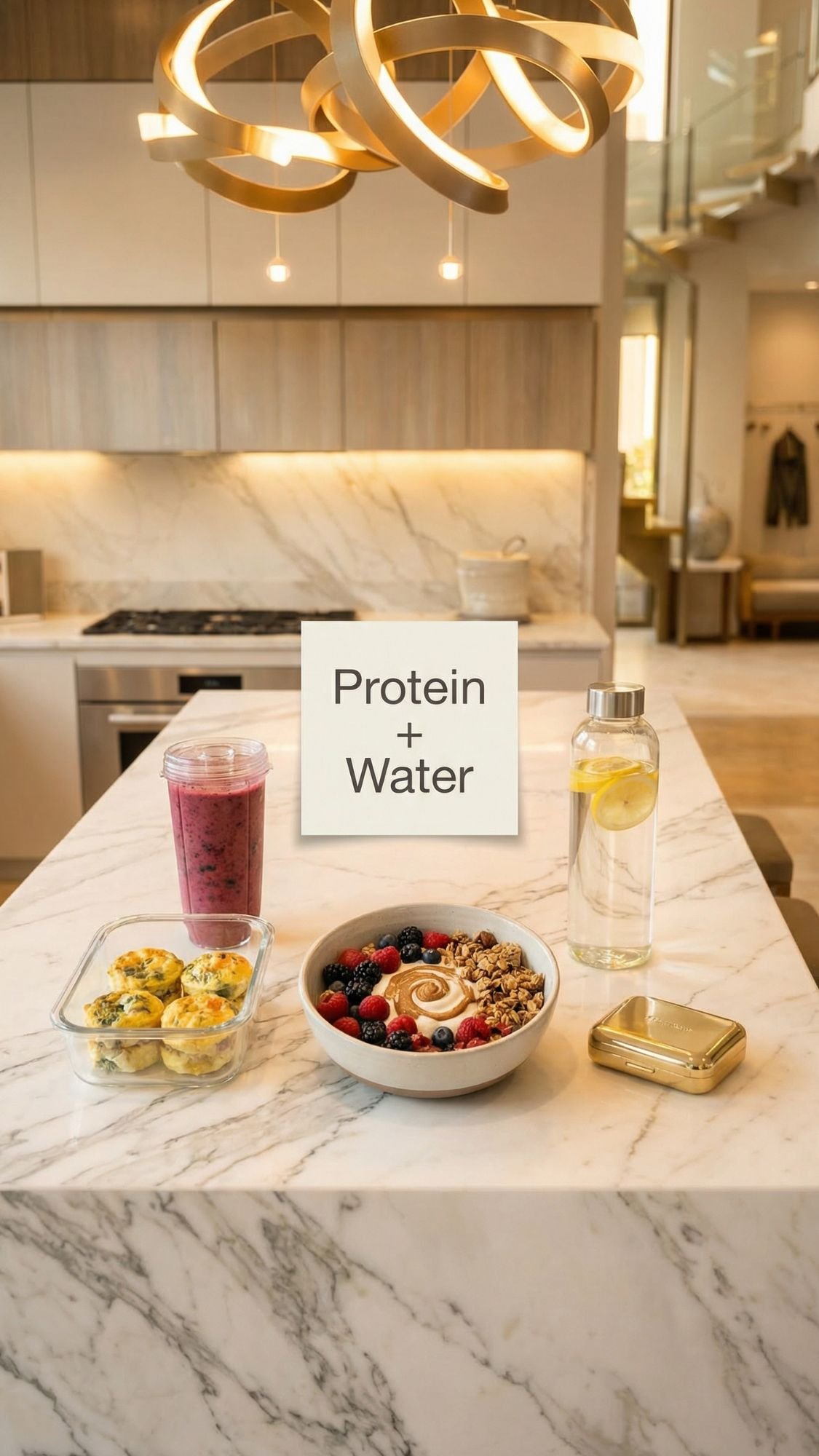 A marble kitchen island showcases a smoothie, egg muffins, granola and berry yogurt bowl, lemon water, and a gold container—perfect for an ADHD moms morning routine. A sign reads Protein + Water amid modern lighting and sleek kitchen cabinets.