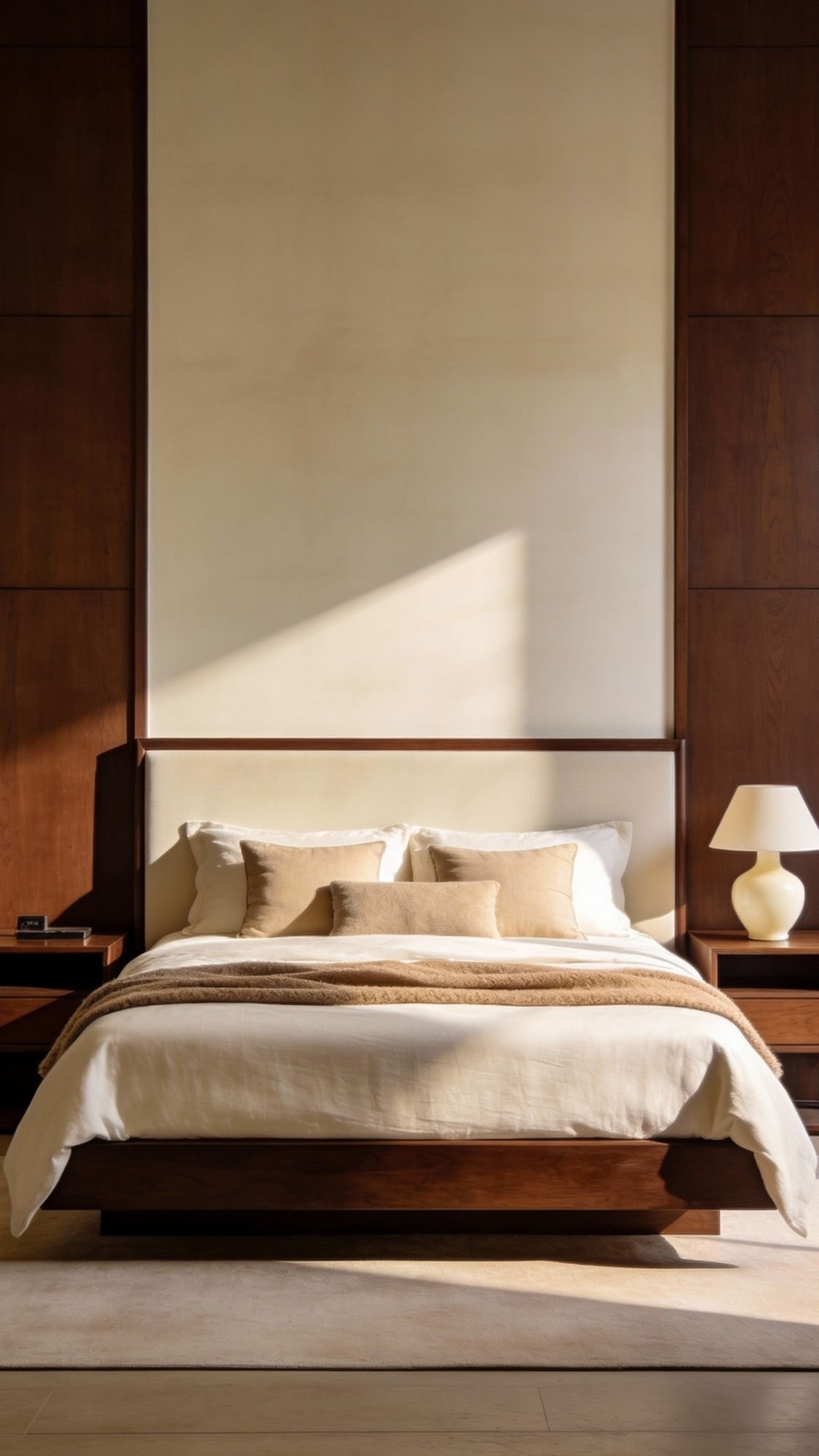 A modern bedroom with a large wooden bed, neutral bedding, two beige accent pillows, matching wooden nightstands, and a white table lamp, all bathed in soft sunlight—a perfect example of cozy minimal style.