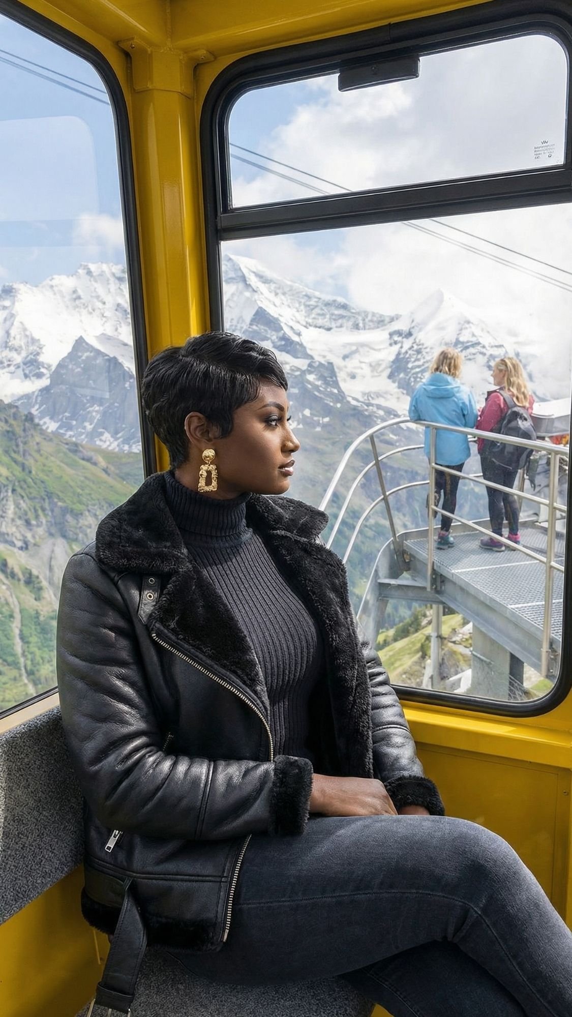 A woman in a black jacket sits inside a yellow cable car, gazing out at snowy mountains and charming Switzerland Villages. Outside, two people stand on a platform, taking in scenic alpine views of this Switzerland Winter wonderland.