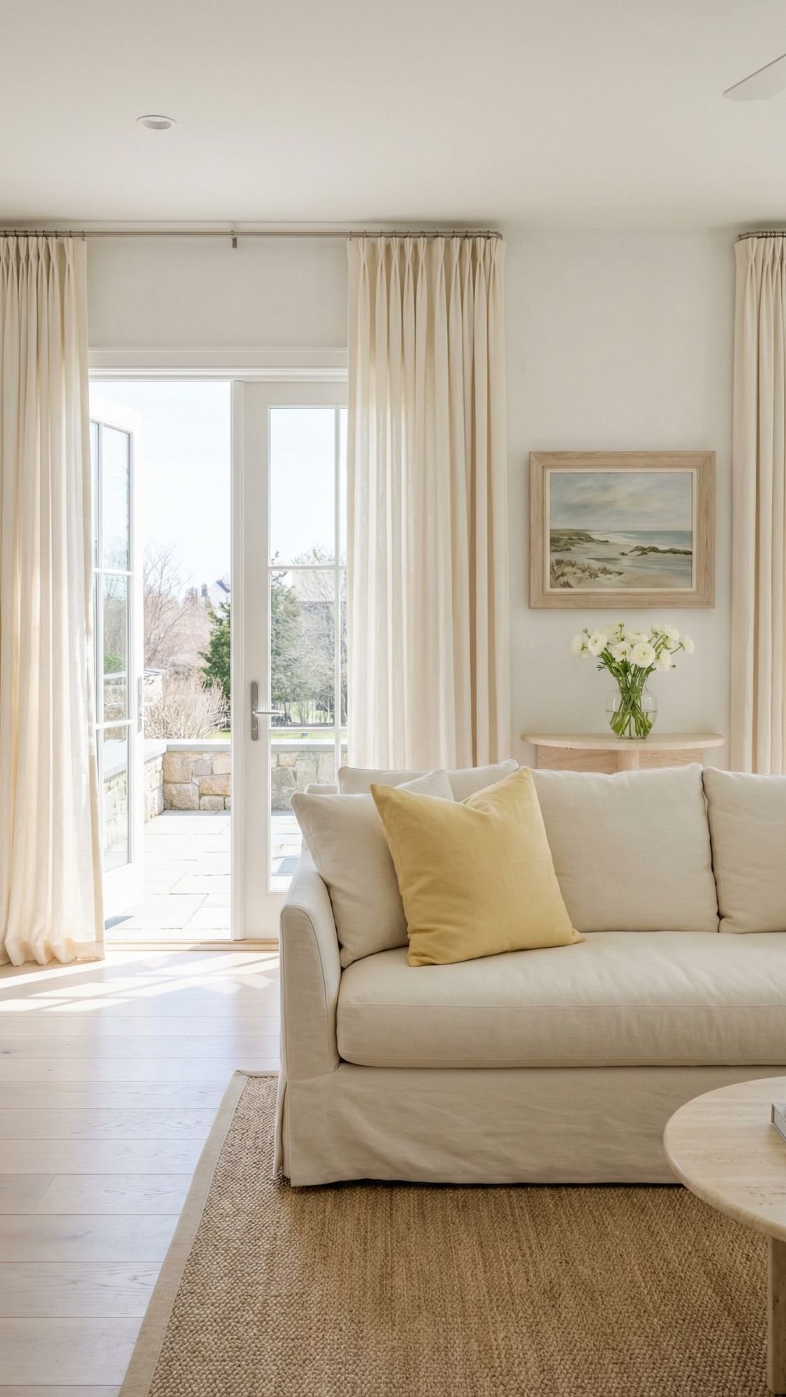 A bright, airy living room with cream-colored walls and curtains, a light sofa topped with a yellow pillow, a woven rug, and fresh flowers is the perfect spring home decor idea to refresh your space. Glass doors open to a patio and lush greenery beyond.