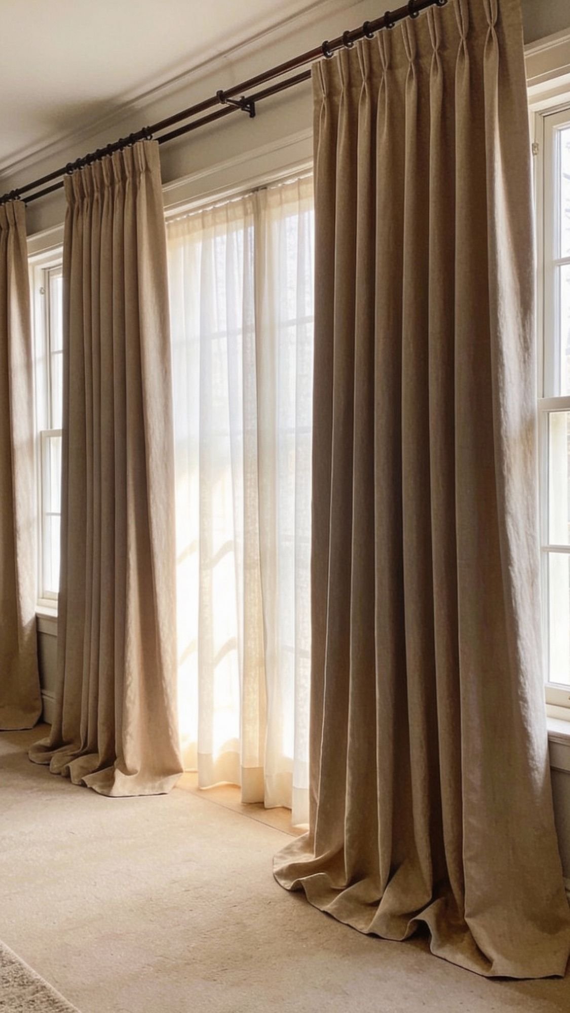Tall windows with sheer white curtains behind thick beige drapes evoke quiet luxury. Sunlight filters softly through the layers, casting a warm, inviting glow as the curtains pool slightly on the carpeted floor—a timeless home decor idea.