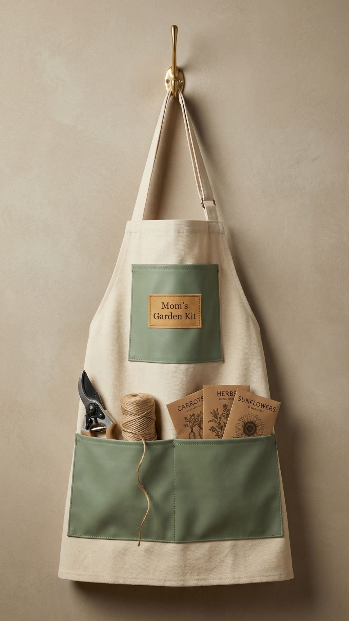 A cream and green apron labeled Moms Garden Kit hangs on a hook. Perfect for garden loving moms, its front pocket holds gardening shears, twine, and seed packets for carrots and sunflowers—a fresh and lovely idea for DIY presents.
