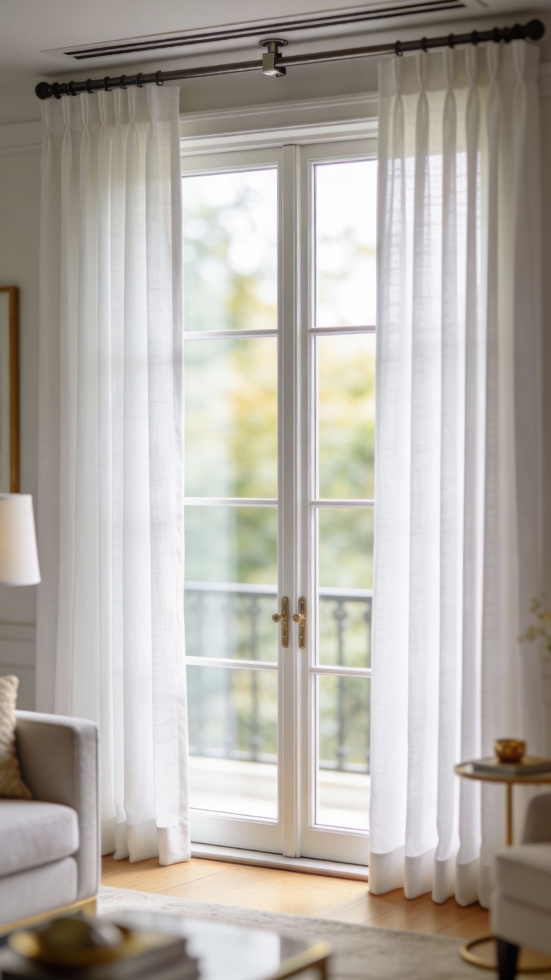 A pair of sheer white curtains hang on a black rod over glass double doors, letting in natural light—an ideal home decor idea for small apartments. The spacious, neutral-toned room features a cozy sofa and lamp against a blurred outdoor view.