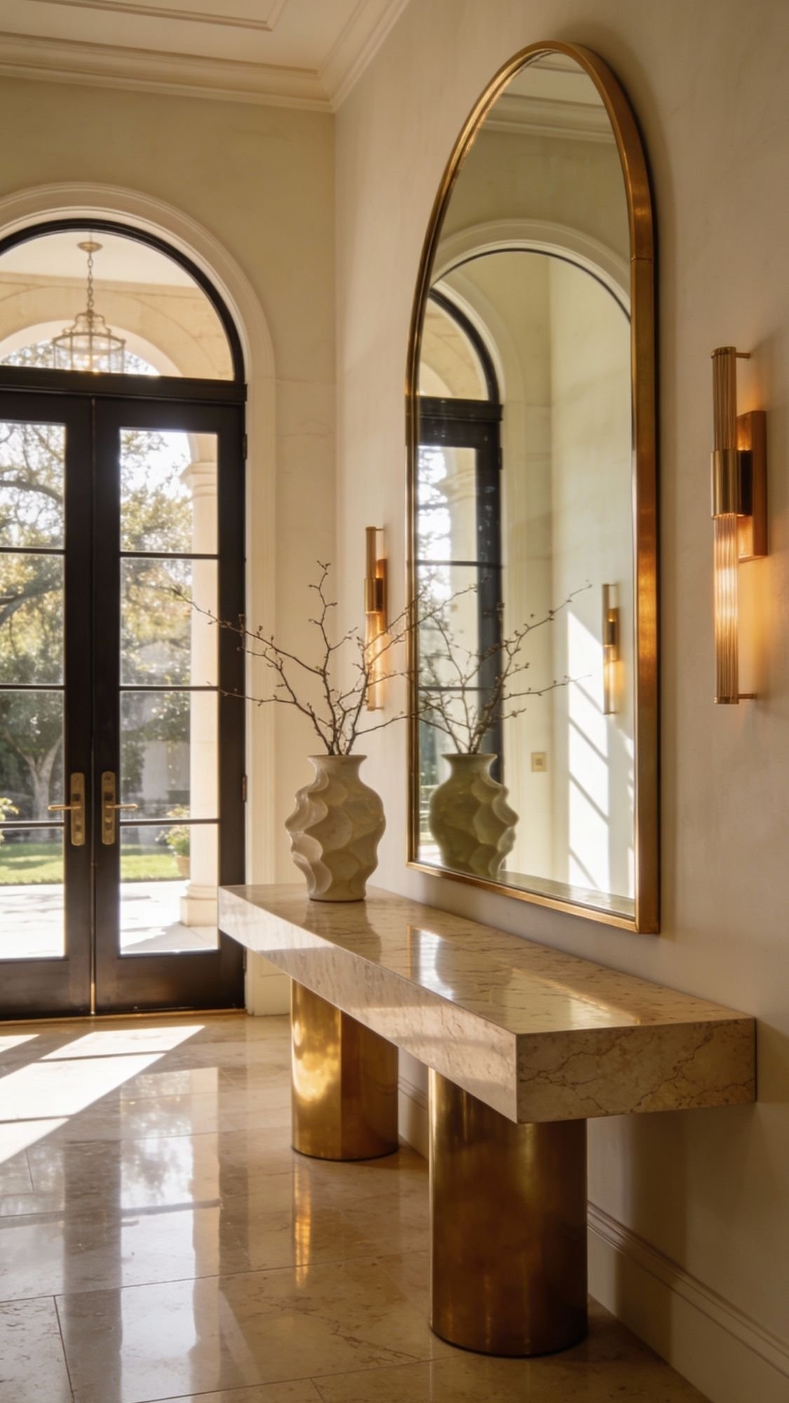 A modern entryway featuring a marble and gold console table, sculptural vases with branches, a large arched mirror, brass wall sconces, and double glass doors—perfect inspiration for stylish entryway decor and home decor lovers.