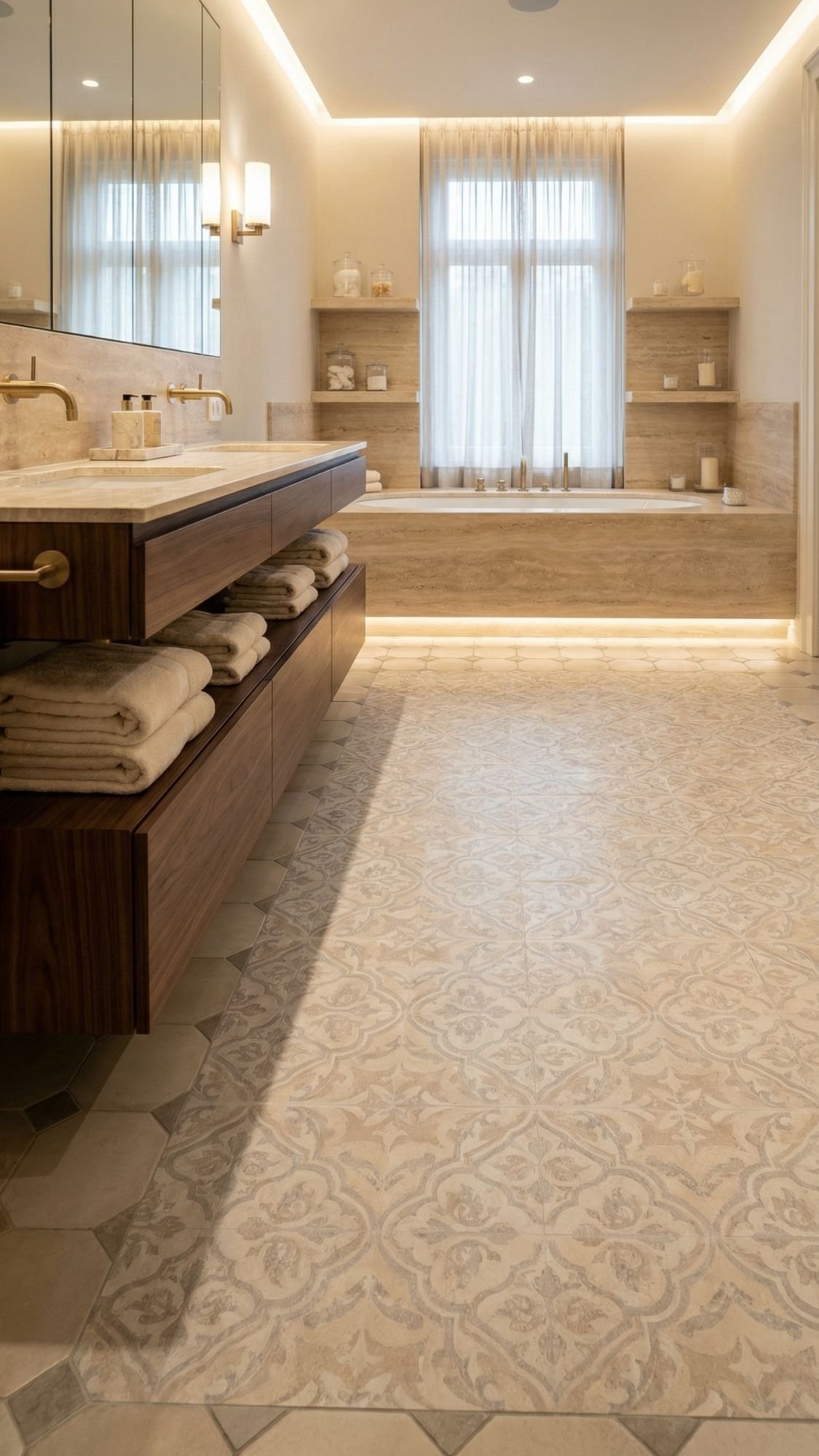 Modern bathroom with patterned tile floor, wooden vanity with folded towels, double sinks, brass fixtures, and built-in bathtub. Shelving with jars and a large window offer natural light—perfect for renter friendly upgrades and easy home decor ideas.
