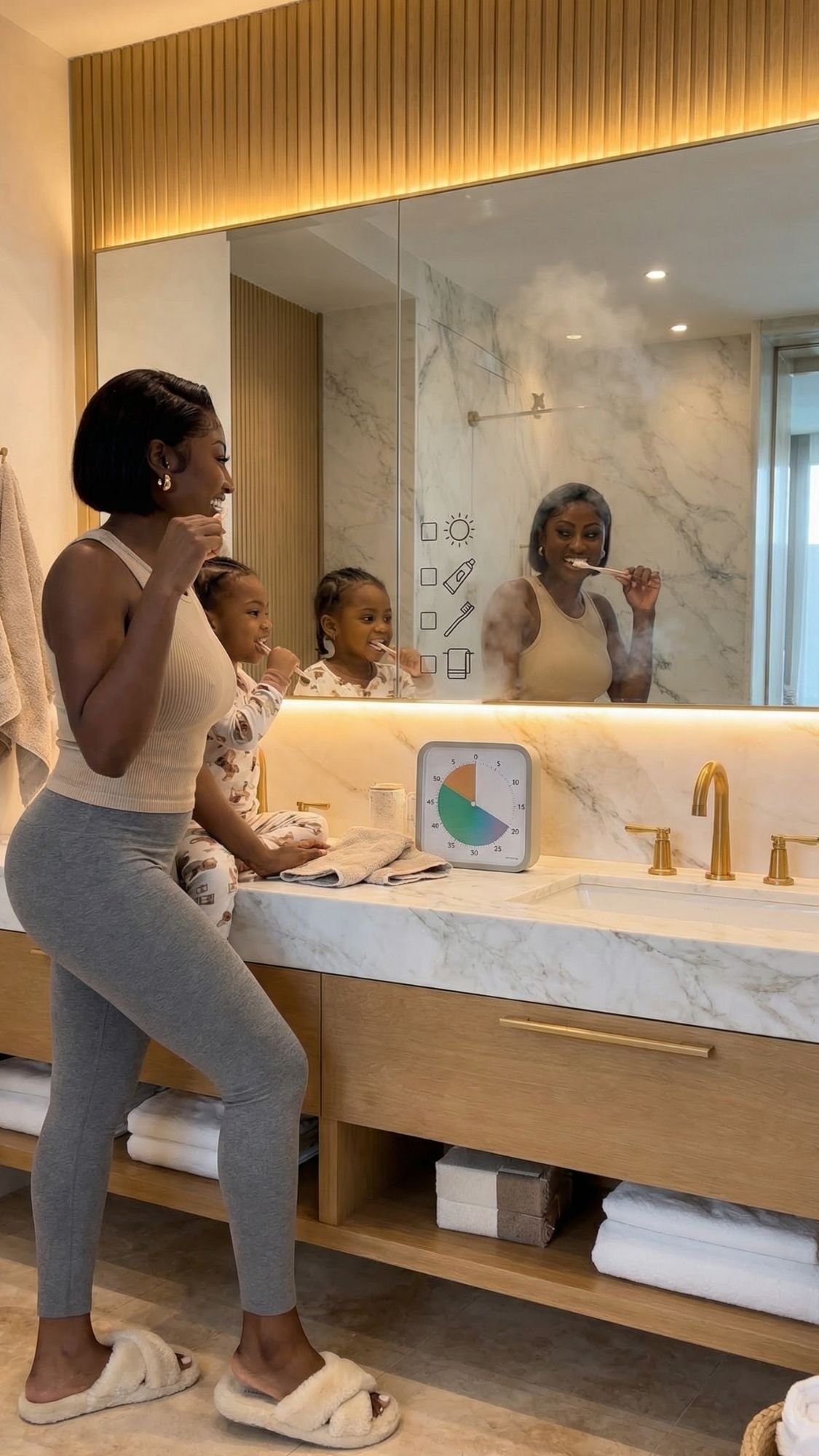 A woman and a young girl brush their teeth together at a bathroom sink, smiling in the mirror. With gold fixtures, towels, and a timer on the counter, it’s the perfect morning routine for ADHD moms and their kids.