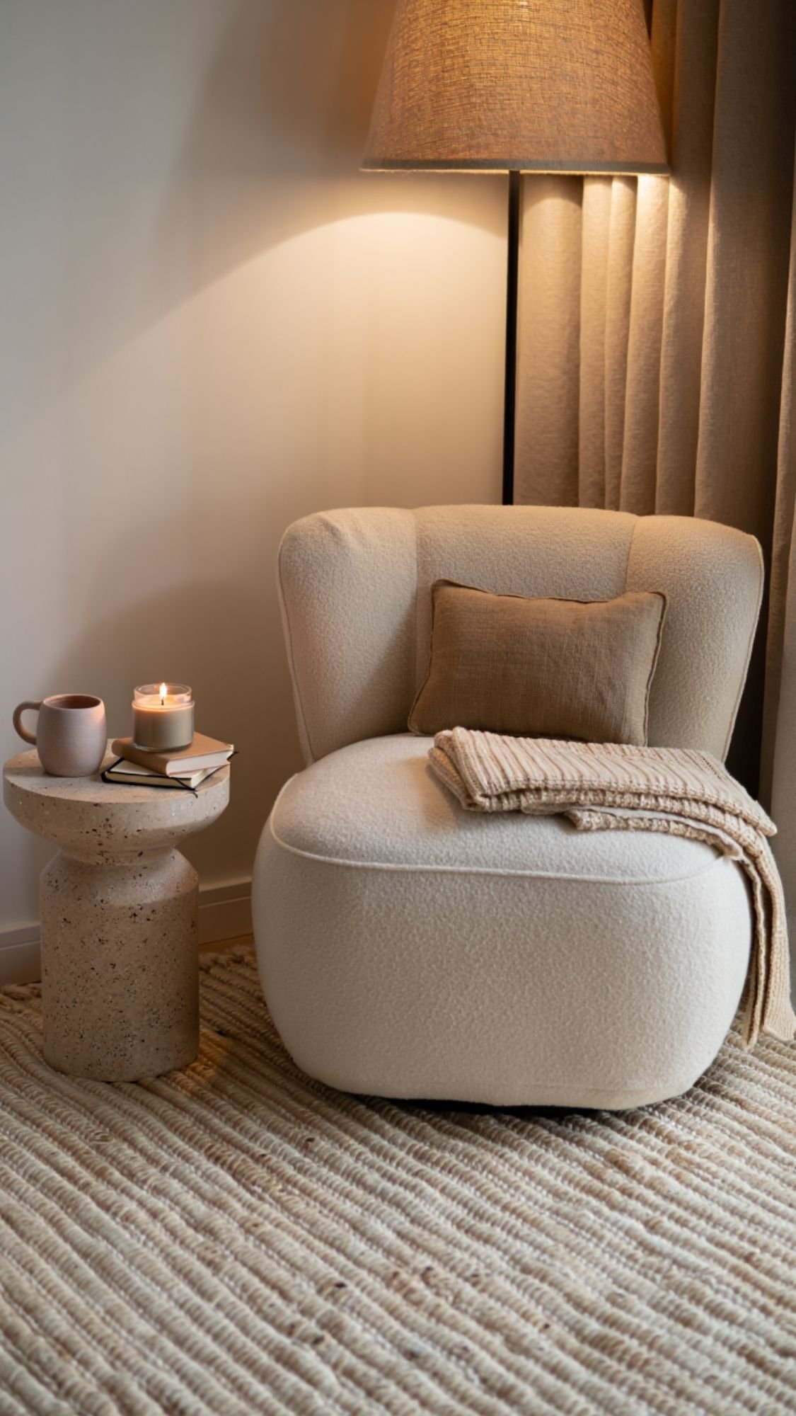 A cozy reading nook with a cream armchair, beige pillow, and striped throw blanket. Warm lighting and soft neutrals create a calming atmosphere—perfect inspiration for home decor ideas to achieve a calm winter home.