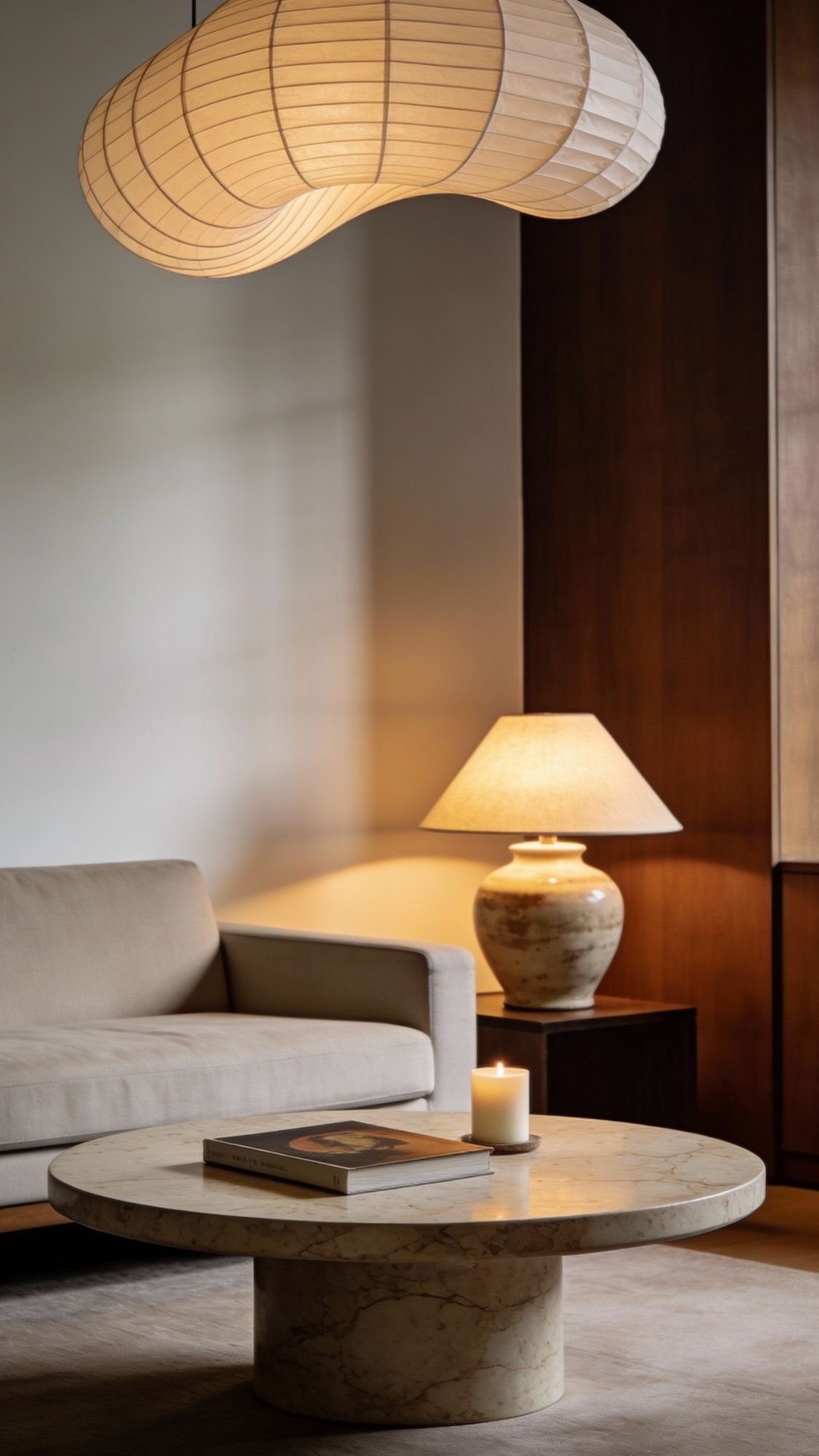 A modern living room with a beige sofa, round marble coffee table holding a book and lit candle, ceramic table lamp, and sculptural light fixture. Warm, soft lighting and cozy minimal style make it perfect for fresh home decor ideas.