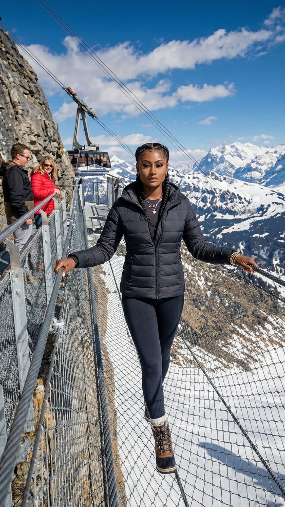 A woman in a black jacket and winter boots stands confidently on a narrow suspension bridge over snowy mountains, capturing the magic of Switzerland winter, with blue sky and other visitors in the background.