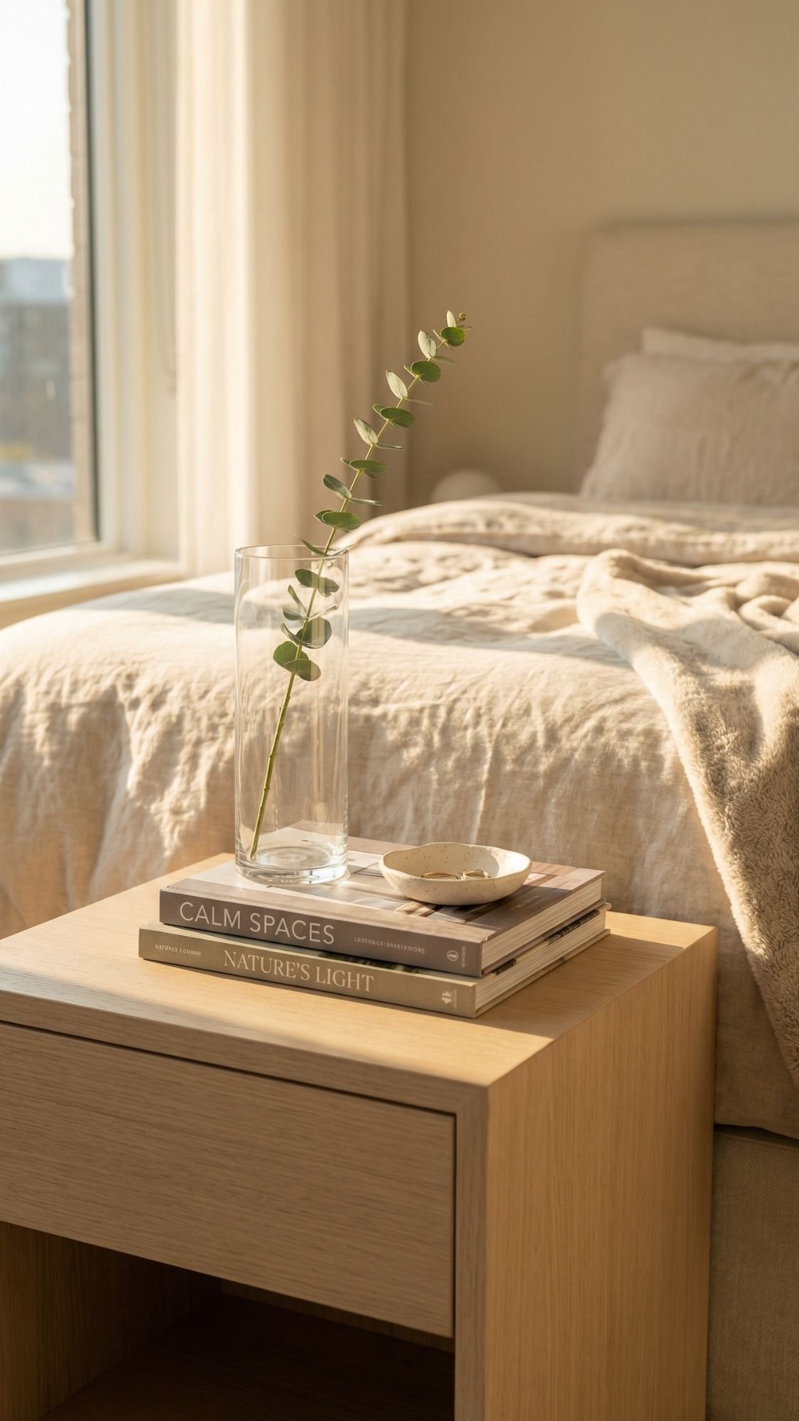 A minimalist bedroom scene with sunlight streaming in captures the essence of easy living. A wooden nightstand holds two books, a glass vase with a single green stem, and a small dish. The bed has beige linens and a soft blanket draped over it.