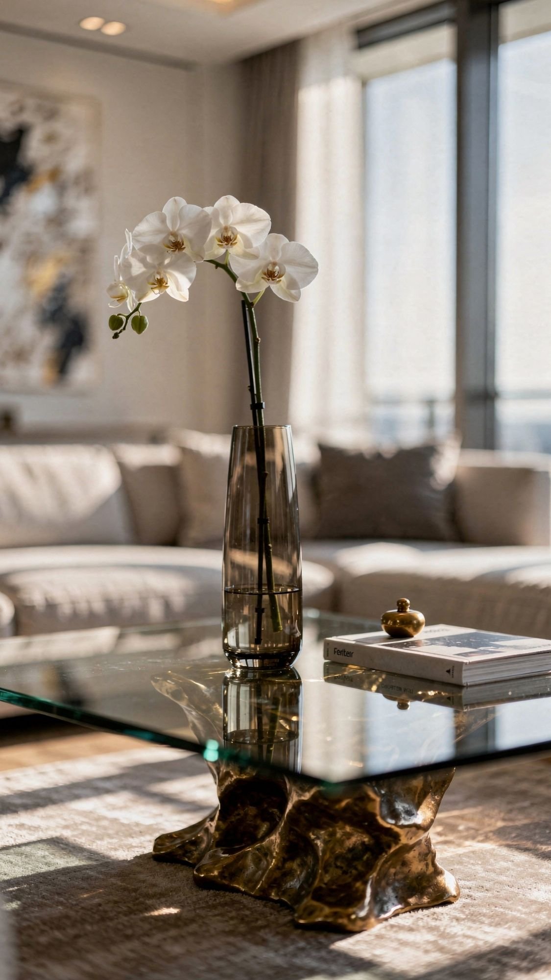 A modern living room showcases chic coffee table styling with a glass table featuring a tall vase of white orchids, a stack of books, and a gold accent piece, surrounded by neutral seating and large windows—perfect for home decor inspiration.