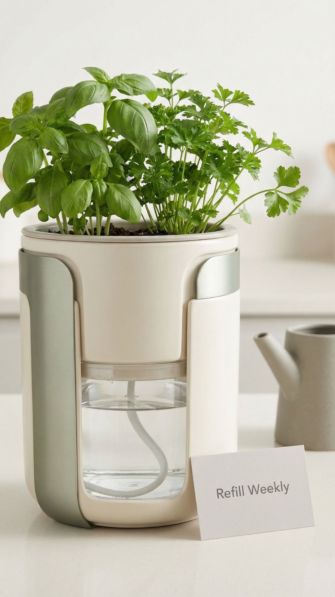 A countertop self-watering planter with fresh basil and parsley growing in it—an ideal DIY garden gift for garden loving friends or a thoughtful present for moms. Below, a water reservoir and “Refill Weekly” card, with a watering can nearby.