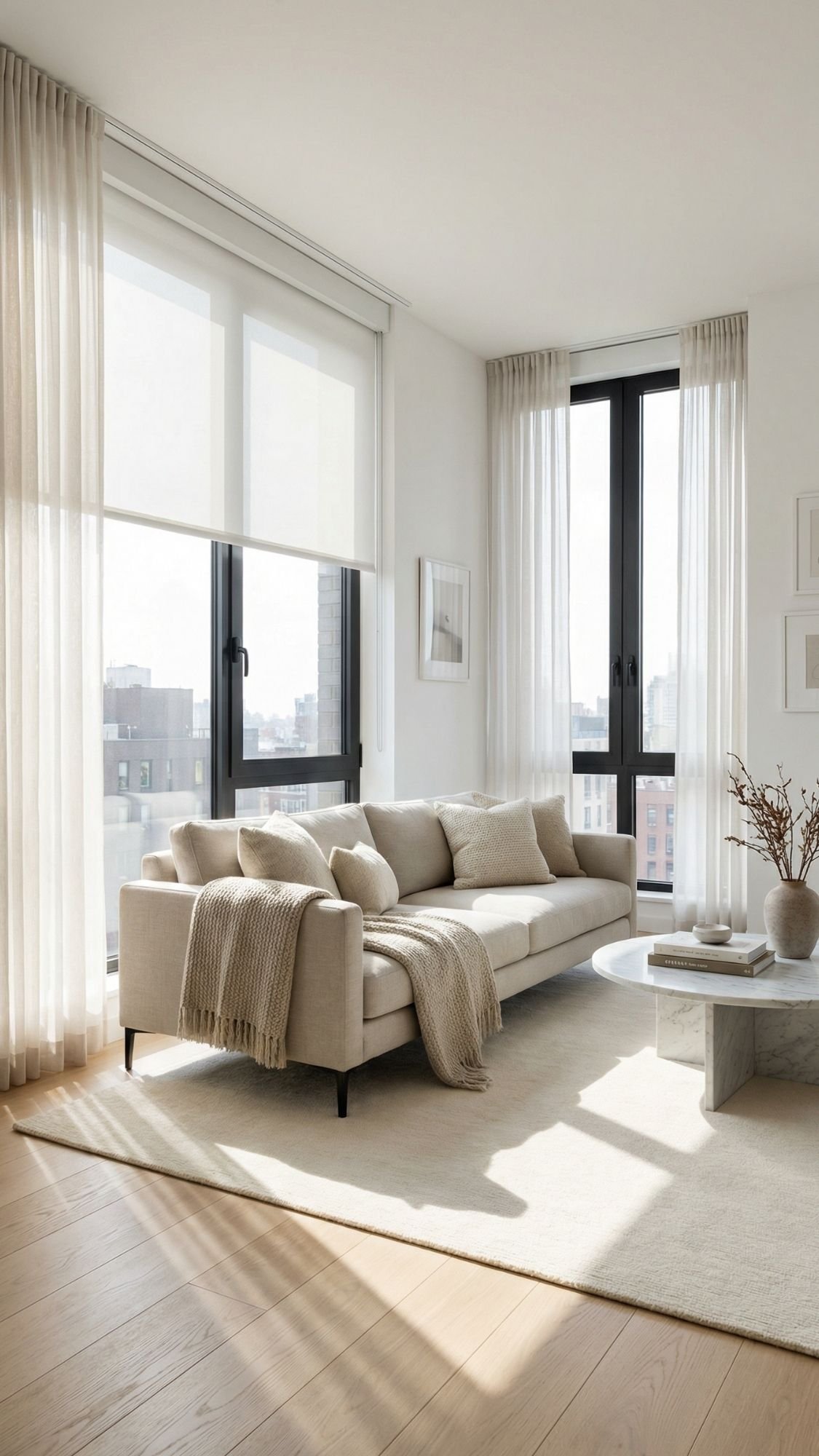 A bright, modern living room with large windows and neutral-toned decor offers spacious home decor ideas, perfect for small apartments. A beige sofa, marble coffee table, and sheer curtains create an airy feel on a light rug and wood floor.