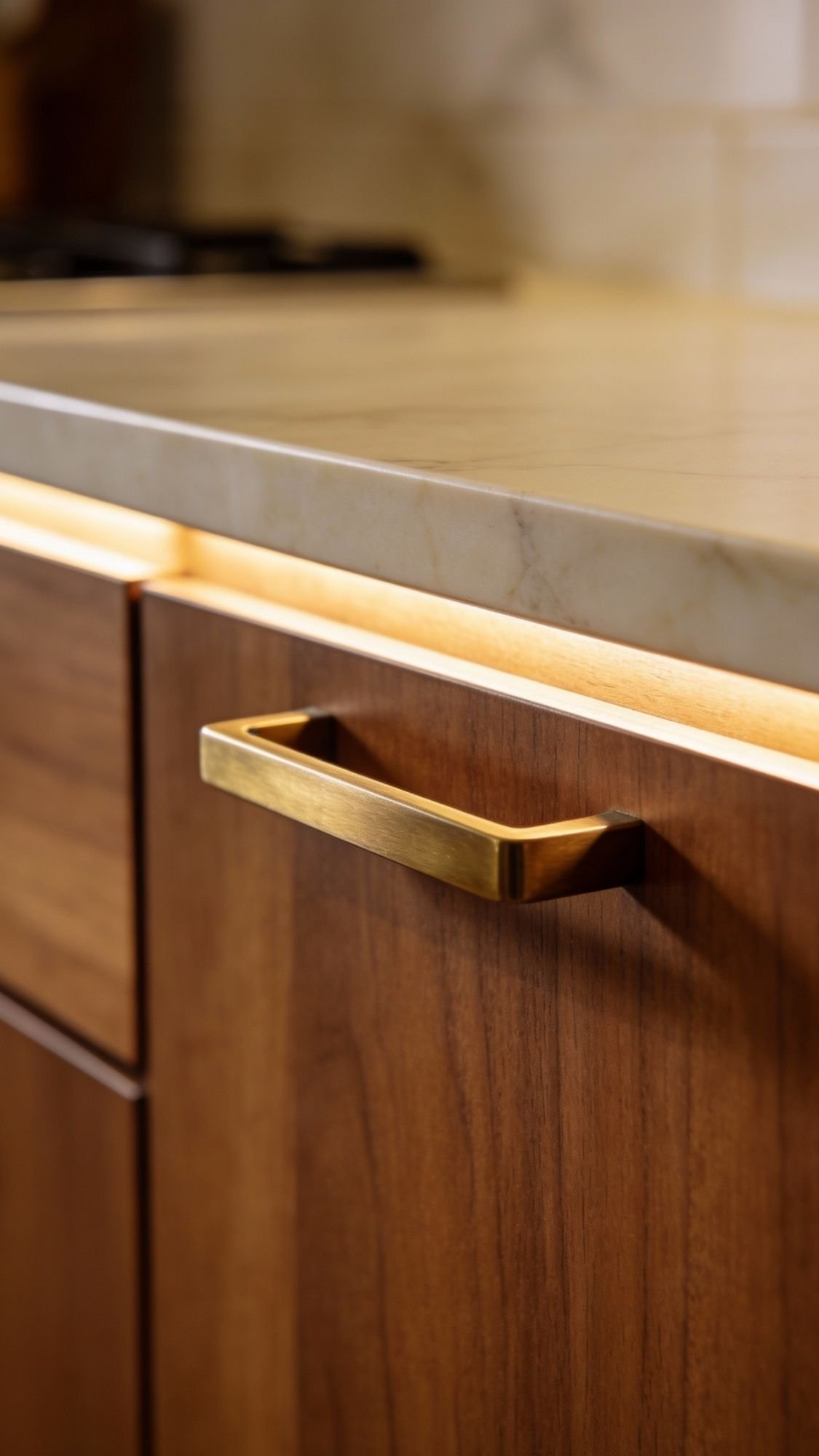 A close-up of a wooden kitchen cabinet with a brass handle showcases quiet luxury, featuring under-cabinet lighting and a light-colored marble countertop above.
