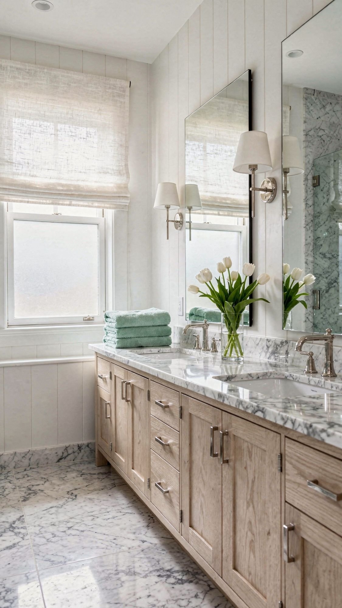 A bright, modern bathroom with light wood cabinets, marble countertops and floors, double sinks, wall sconces, a vase of white tulips, and fresh green towels—perfect home decor ideas to refresh your space for spring.