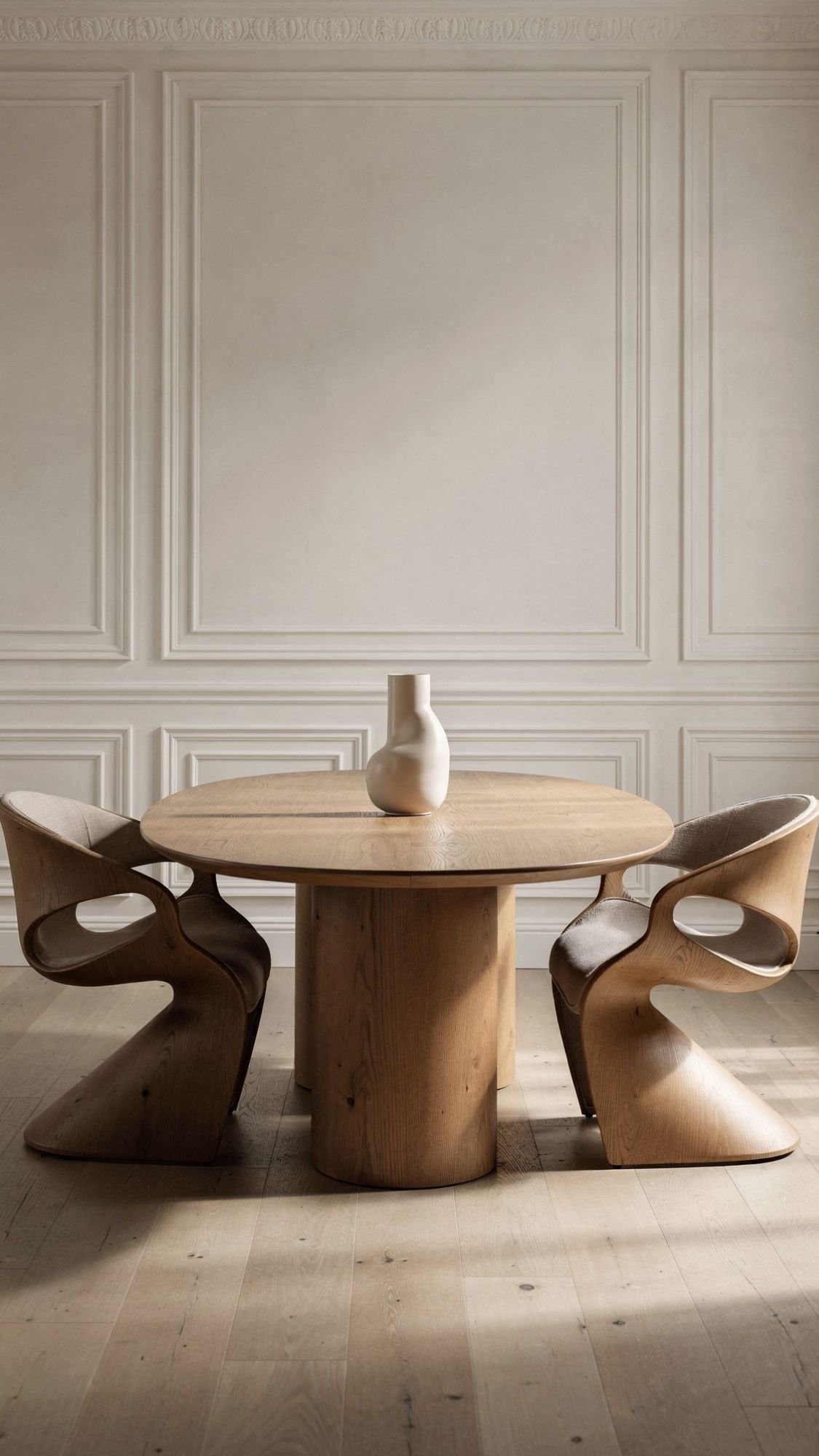 A round wooden table with a ceramic vase in the center is flanked by two modern, sculptural wooden chairs in a minimalist room, offering cozy minimal style and inspiring home decor ideas against light wood floors and ornate white wall paneling.