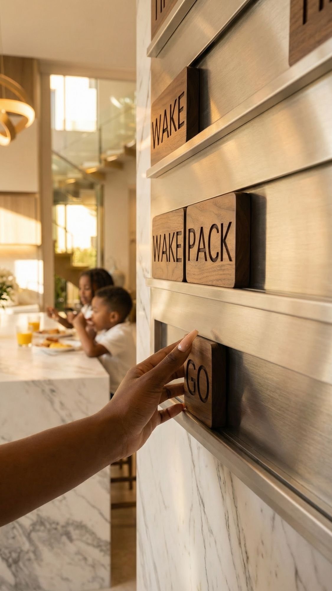 A hand adjusts wooden block labels reading WAKE, PACK, and GO on a metal board—part of an ADHD morning routine—as two children sit at a marble kitchen counter eating breakfast in a sunlit, modern home.